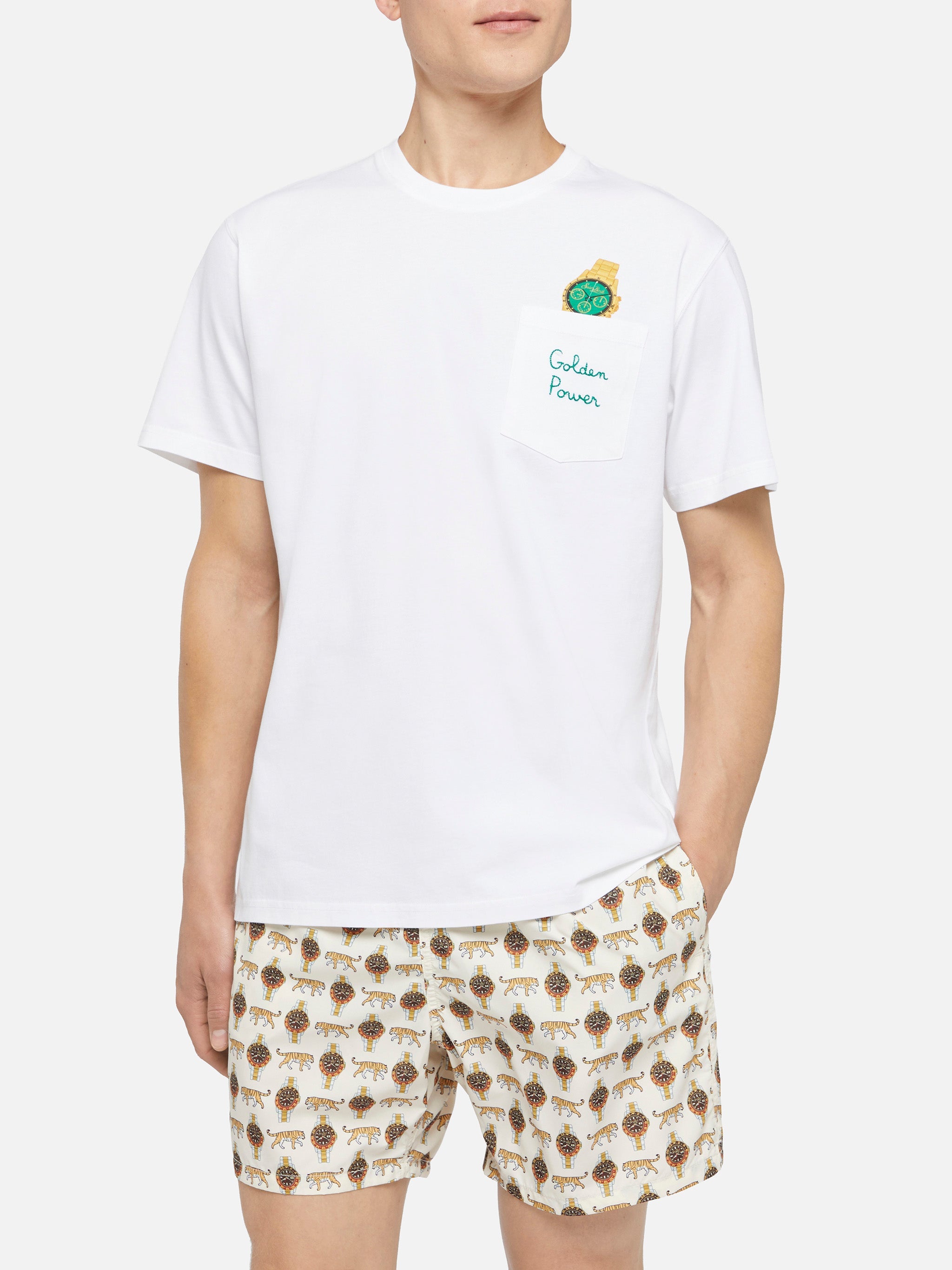 Cotton T-Shirt Austin With Embroidery And Watch Print White