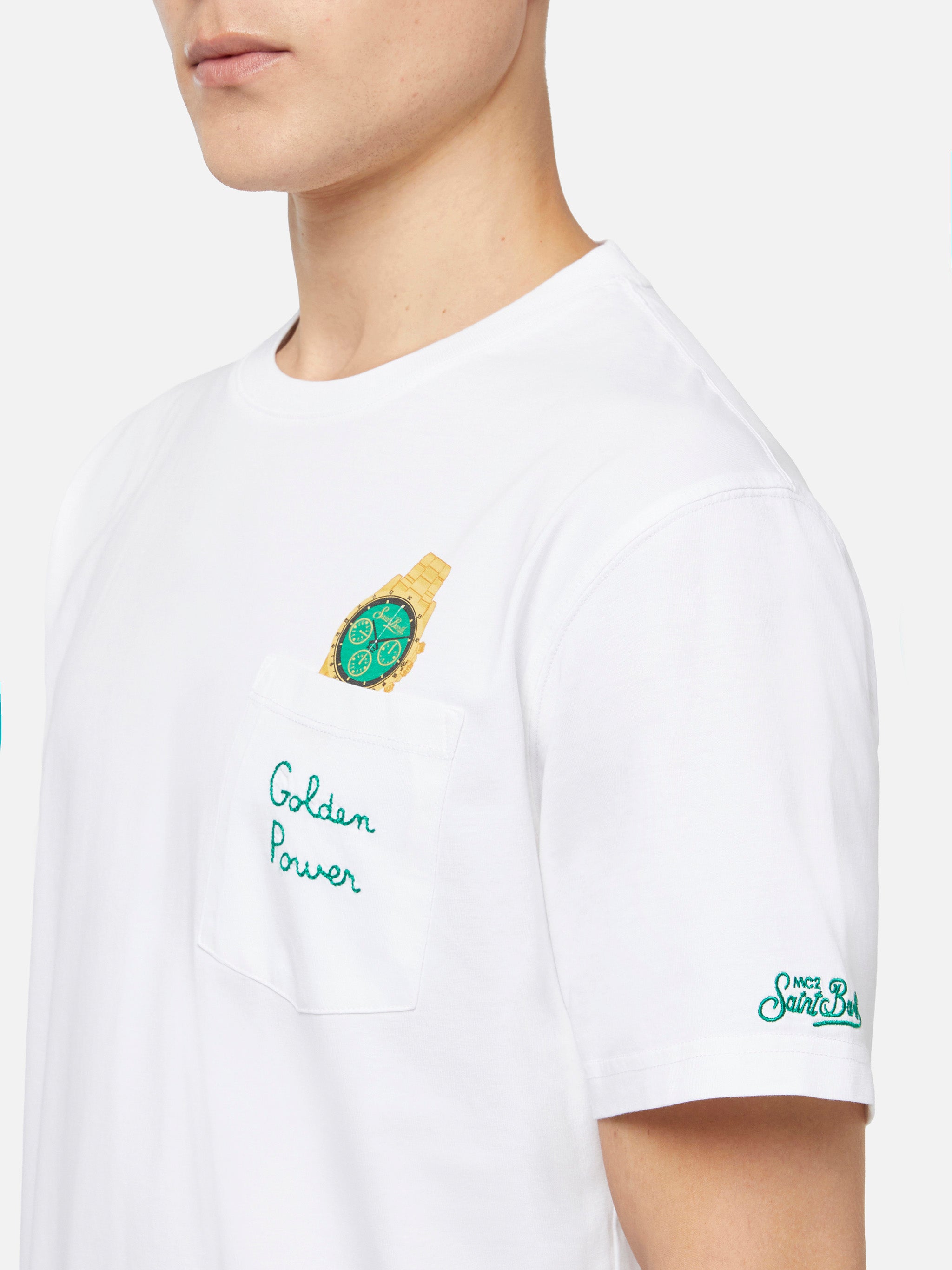 Cotton T-Shirt Austin With Embroidery And Watch Print White