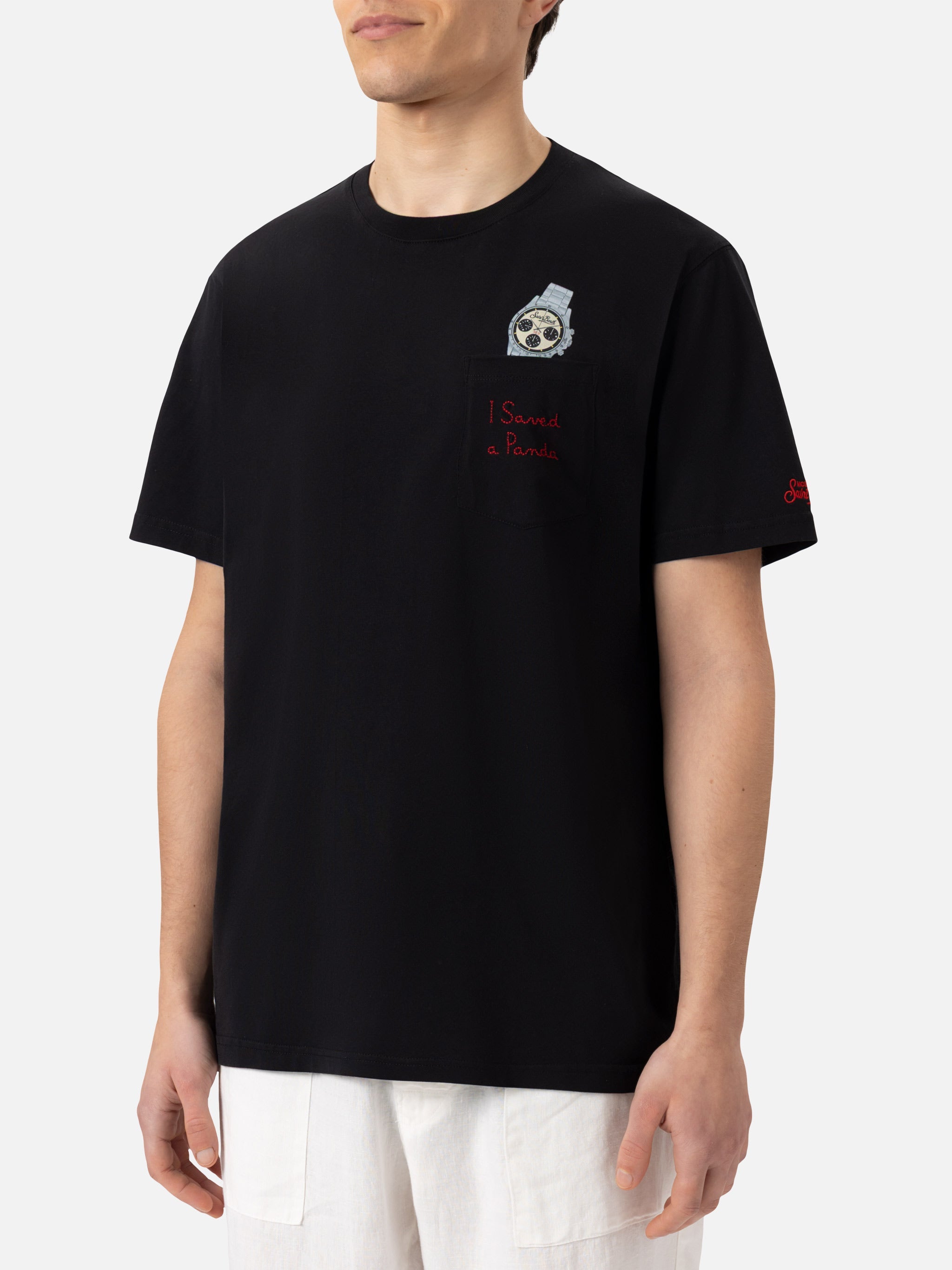 Cotton T-Shirt Austin With Embroidery And Watch Print Black
