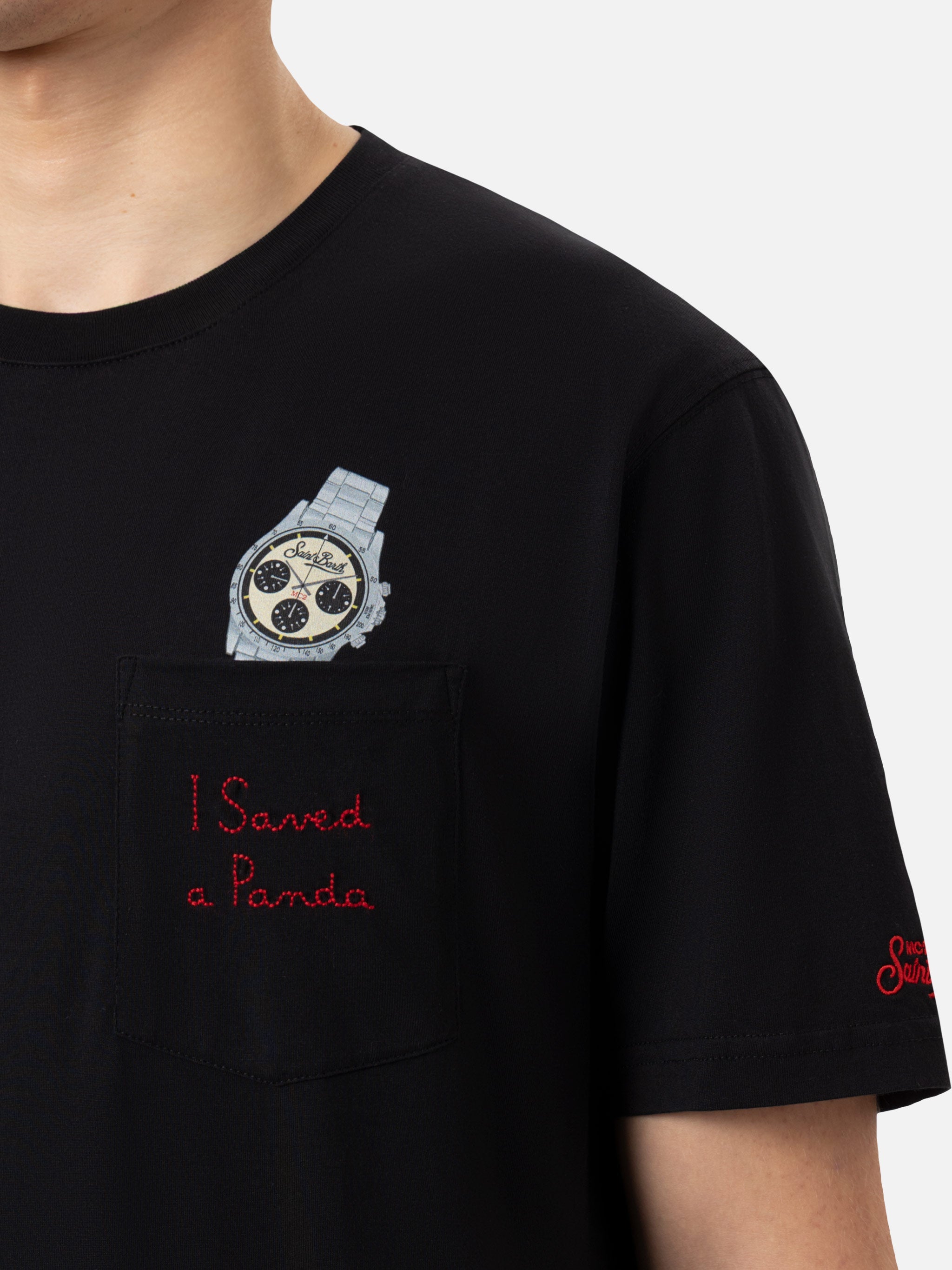Cotton T-Shirt Austin With Embroidery And Watch Print Black