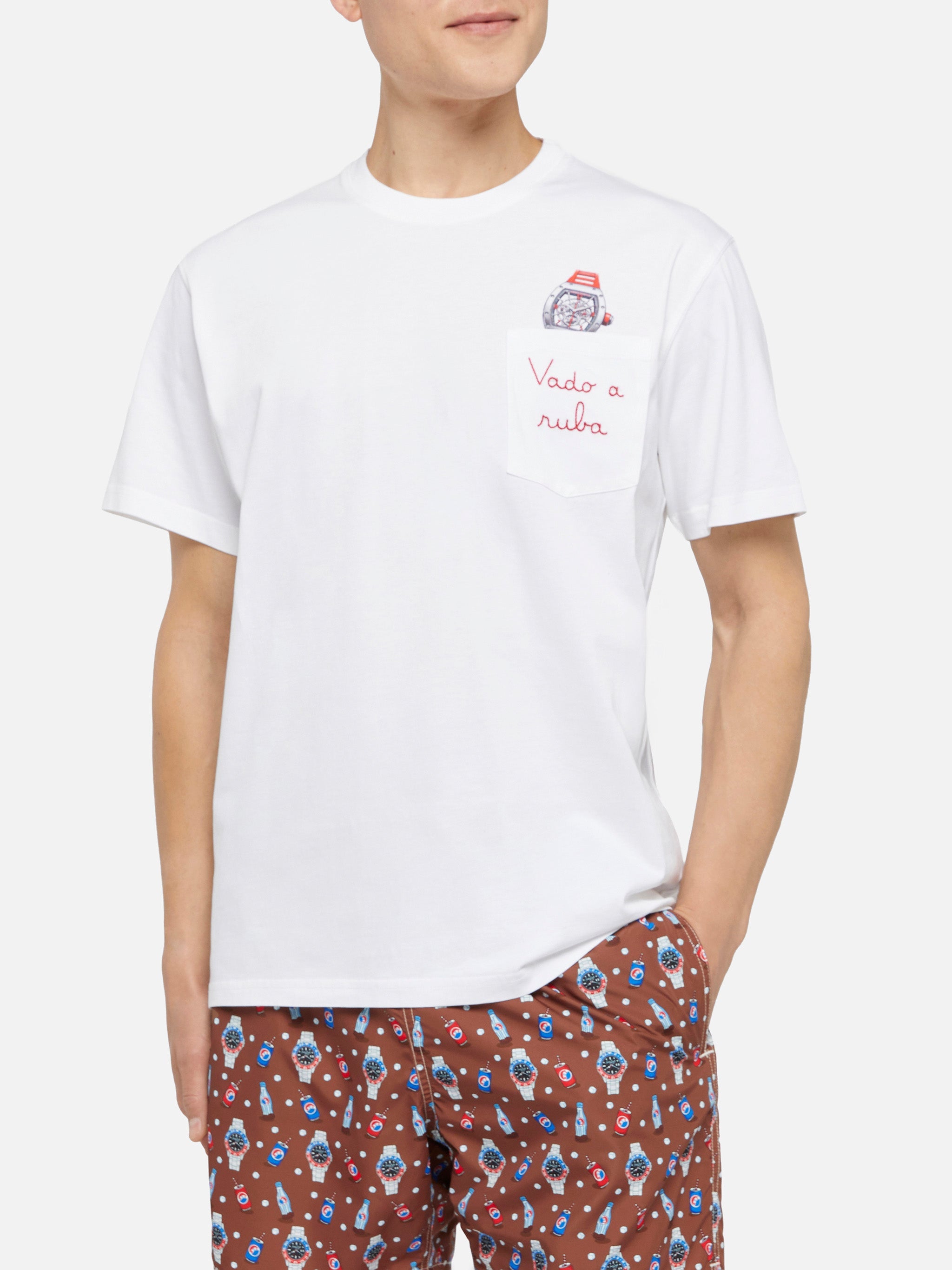 Cotton T-Shirt Austin With Embroidery And Watch Print White