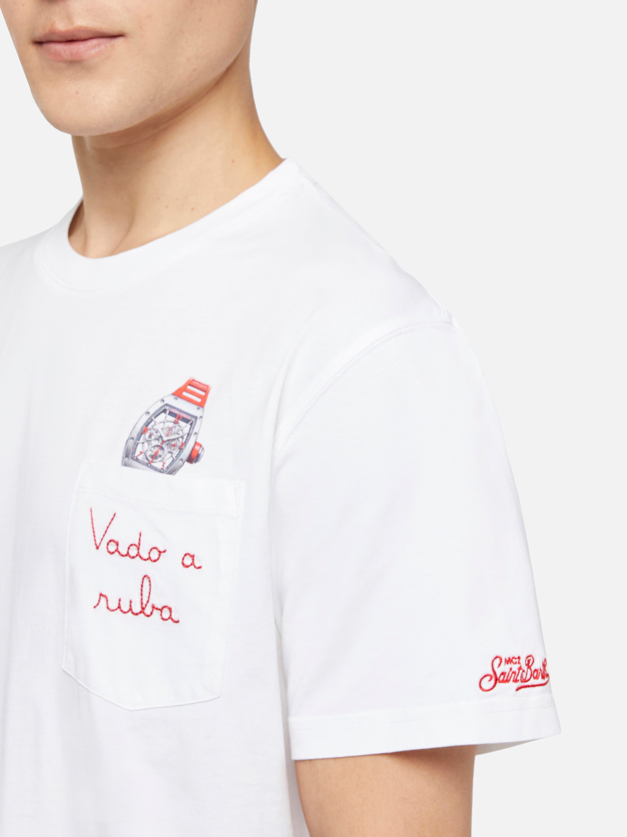 Cotton T-Shirt Austin With Embroidery And Watch Print White