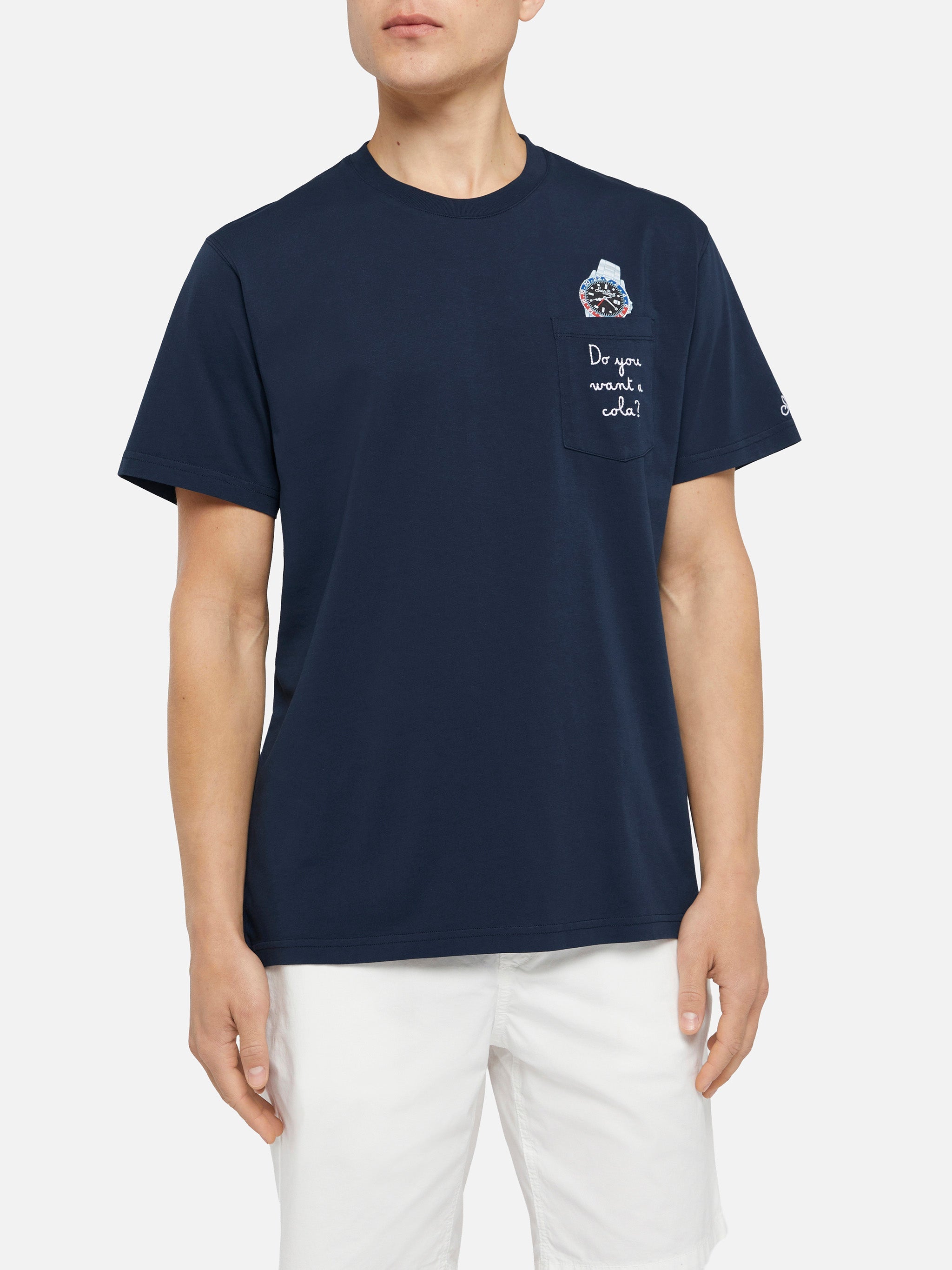 Cotton T-Shirt Austin With Embroidery And Watch Print Blue