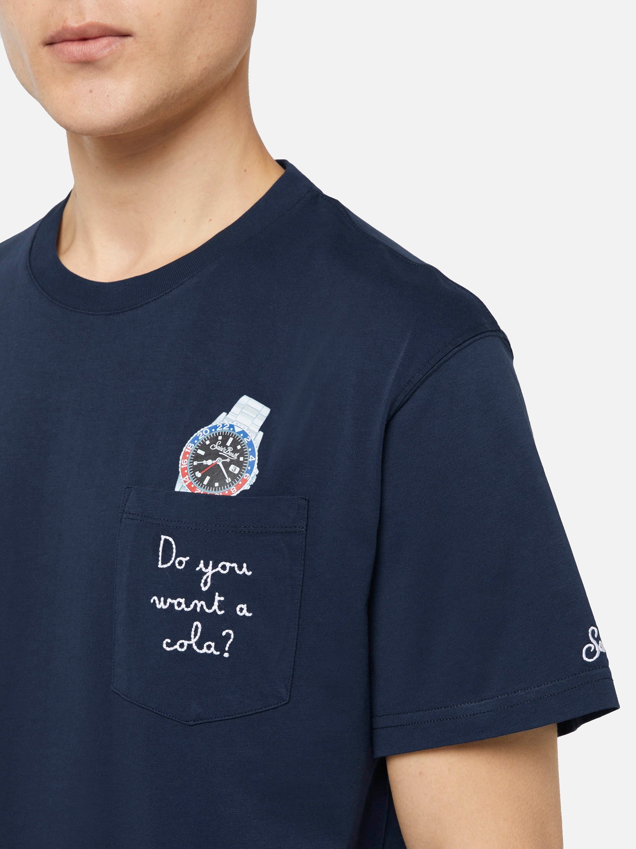 Cotton T-Shirt Austin With Embroidery And Watch Print Blue