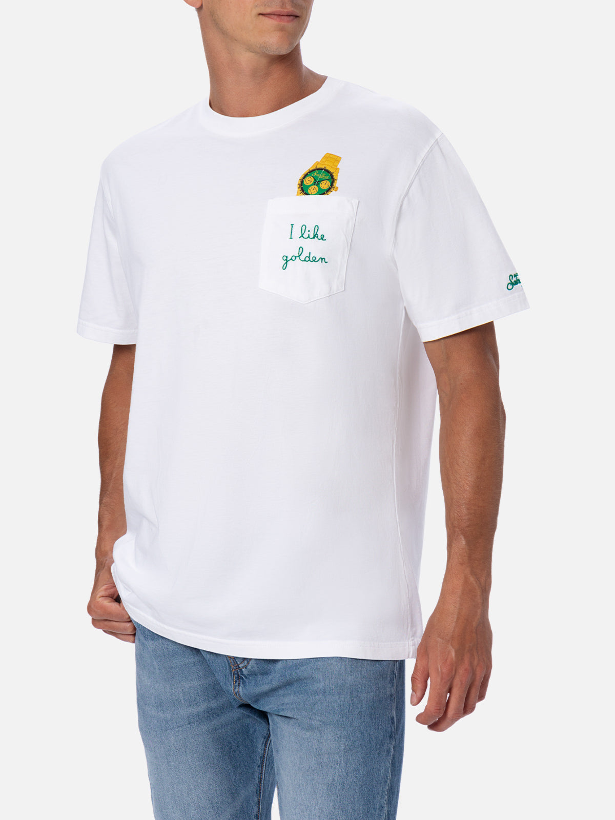 Man Cotton T-Shirt Austin With Watch Print And Embroidery White