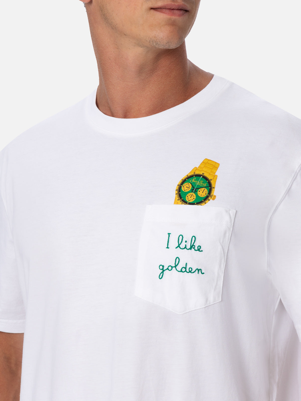 Man Cotton T-Shirt Austin With Watch Print And Embroidery White