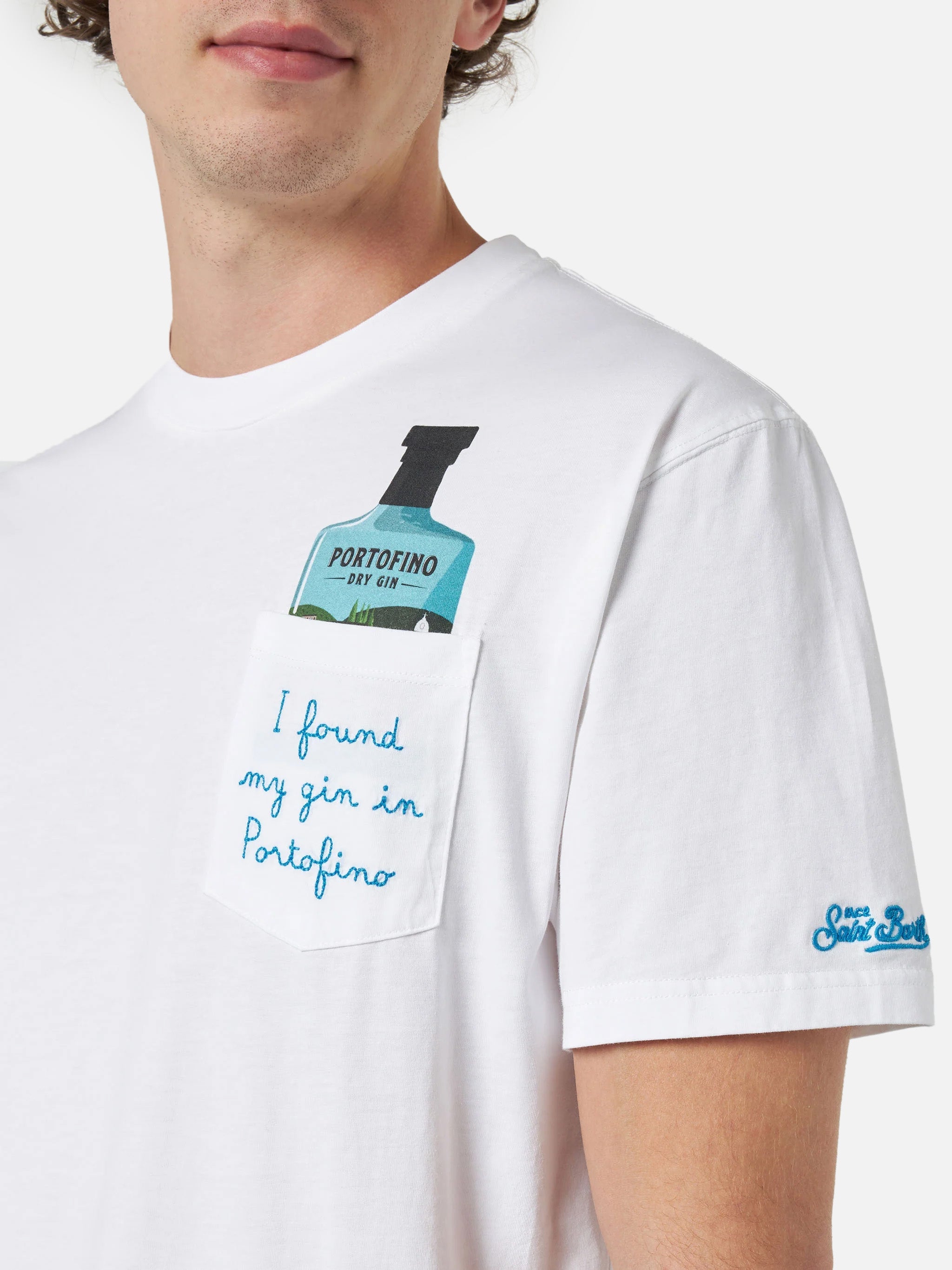 Man Cotton T-Shirt Austin With Embroidery And Portofino Gin Print | Special Edition White