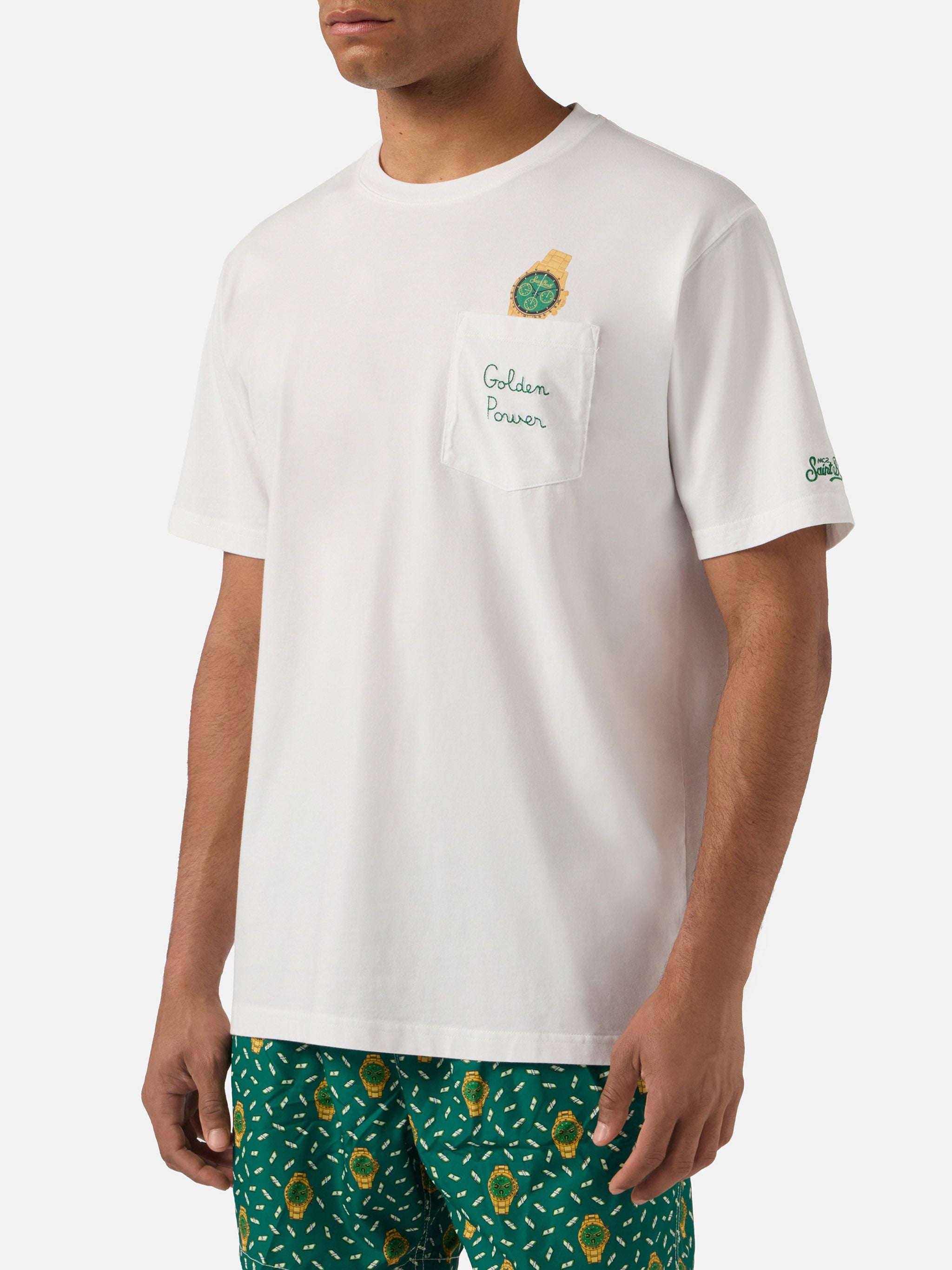 White Austin T-Shirt With Watch And Golden Power Embroidery