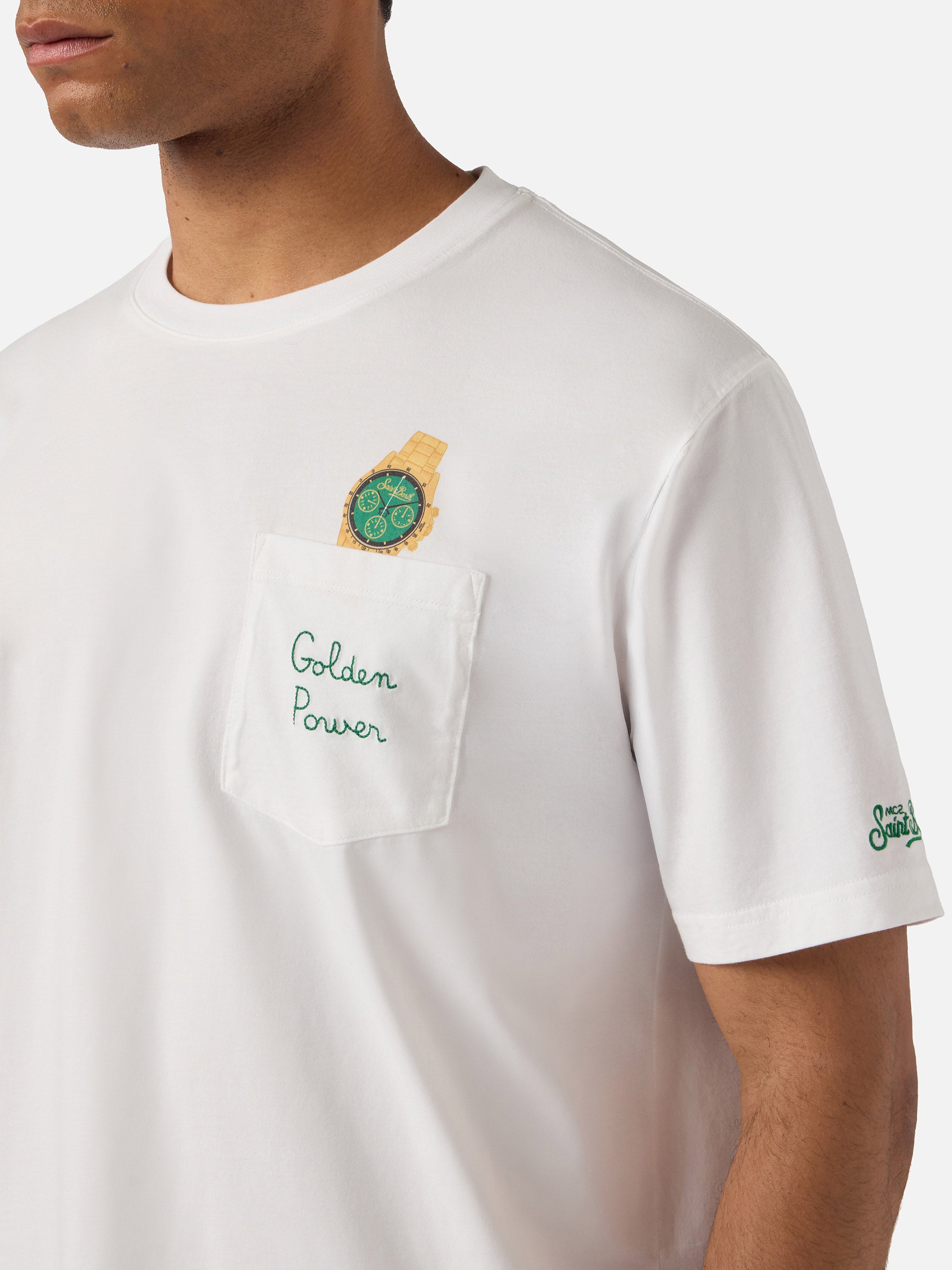 White Austin T-Shirt With Watch And Golden Power Embroidery