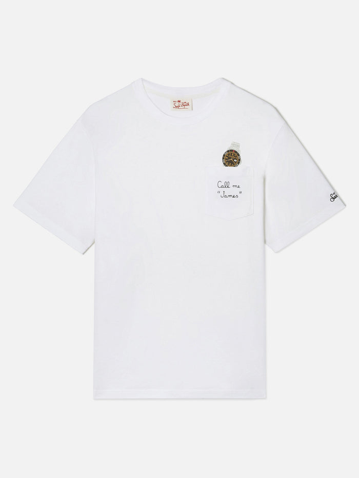 White Austin T-Shirt With Watch And Call Me James Embroidery