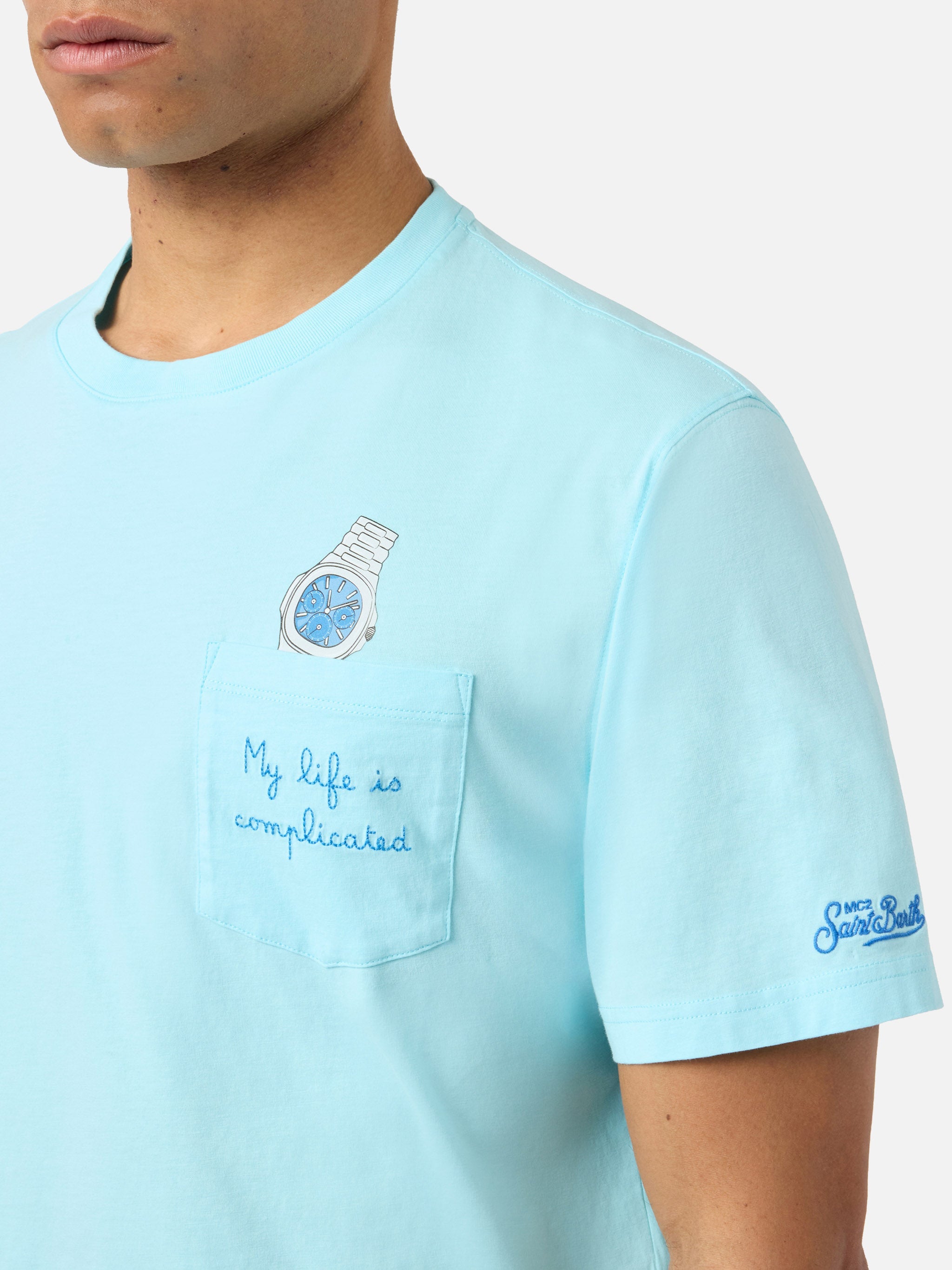 Light Blue Austin T-Shirt With Watch And My Life Is Complicated Embroidery Green