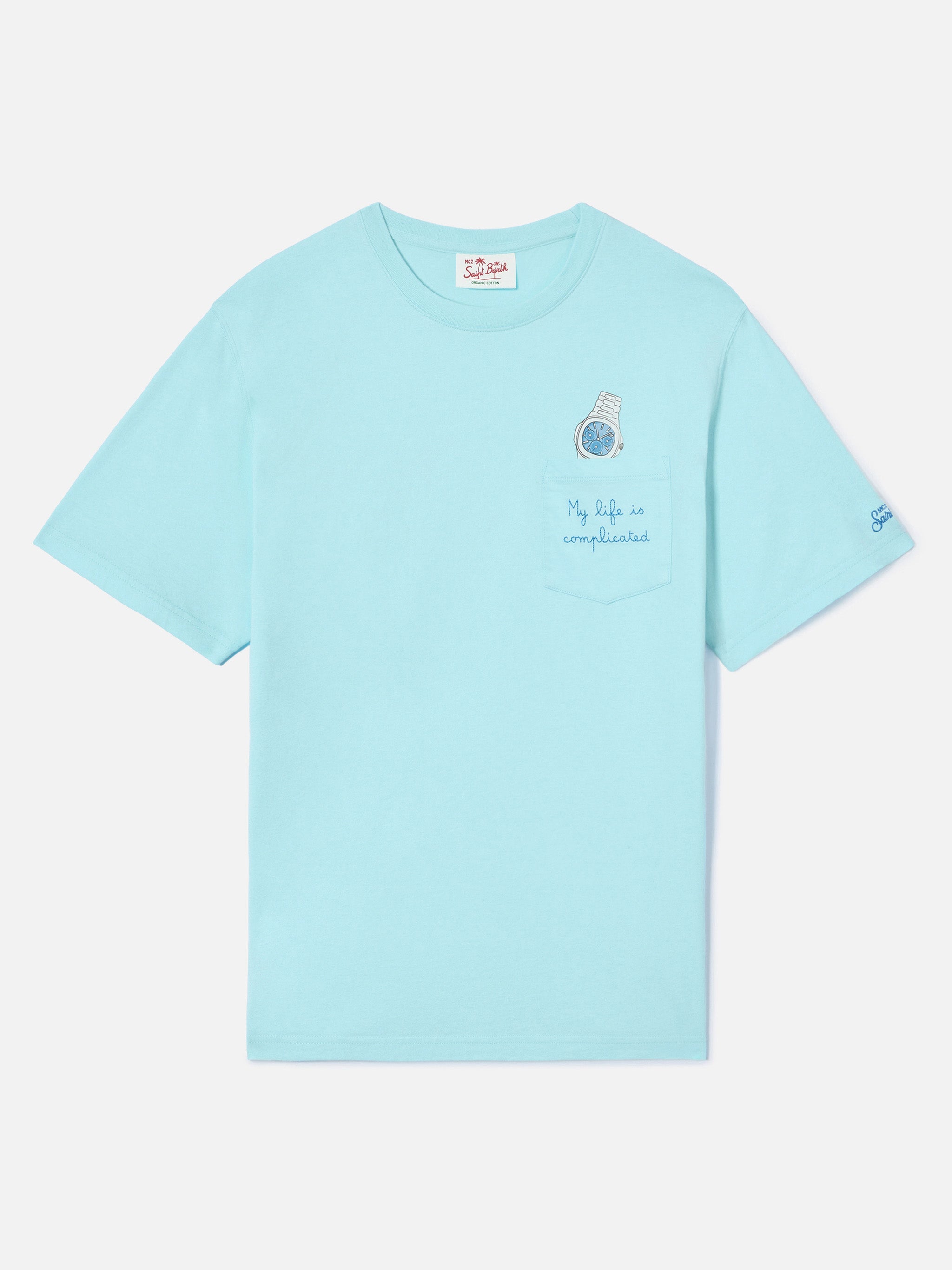 Light Blue Austin T-Shirt With Watch And My Life Is Complicated Embroidery Green