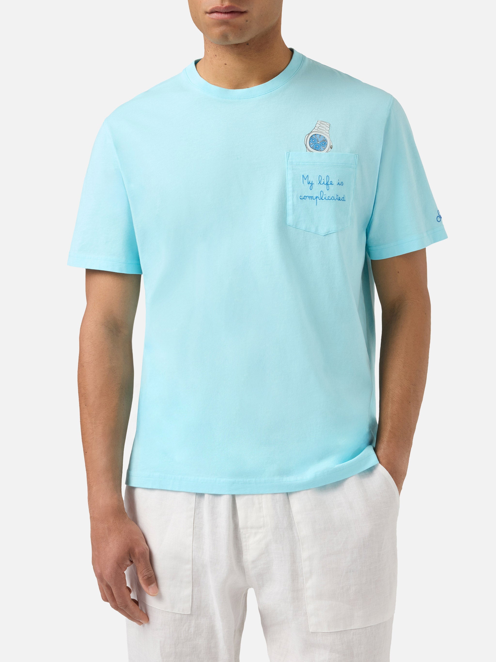 Light Blue Austin T-Shirt With Watch And My Life Is Complicated Embroidery Green