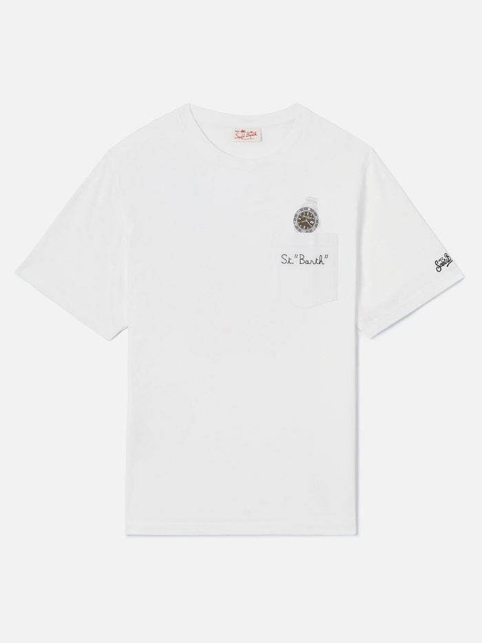White Austin T-Shirt With Watch And St. Bart Embroidery