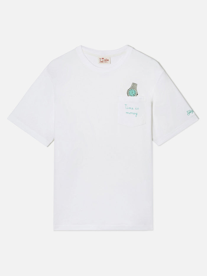 White Austin T-Shirt With Watch And Time Is Money Embroidery