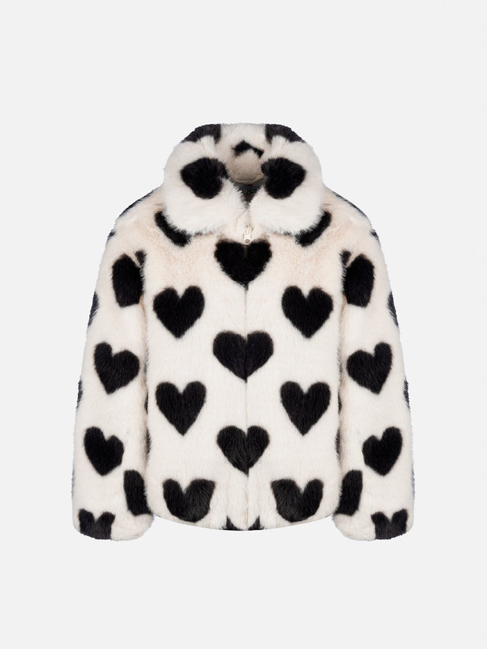 Girl Faux Fur Jacket Aveline With Heart Print White Coat