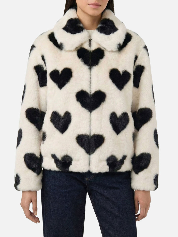 Aveline Faux Fur Jacket With Heart Print White Coat