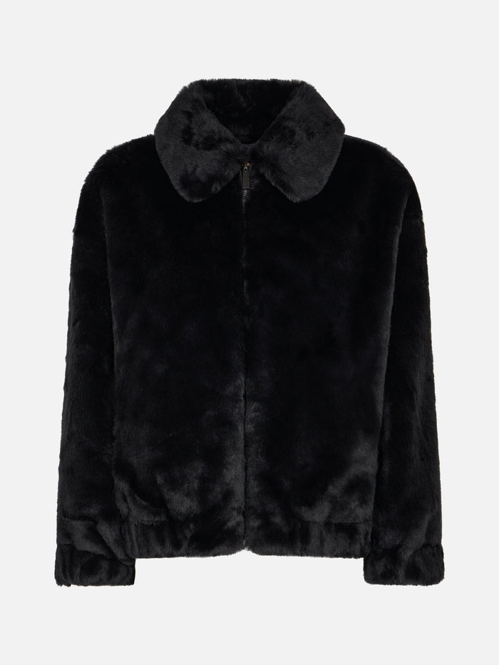 Aveline Faux Fur Bomber With Saint Barth Print Black Coat