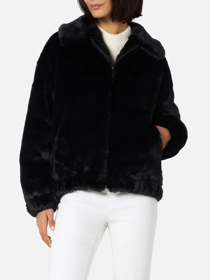 Aveline Faux Fur Bomber With Saint Barth Print Black Coat