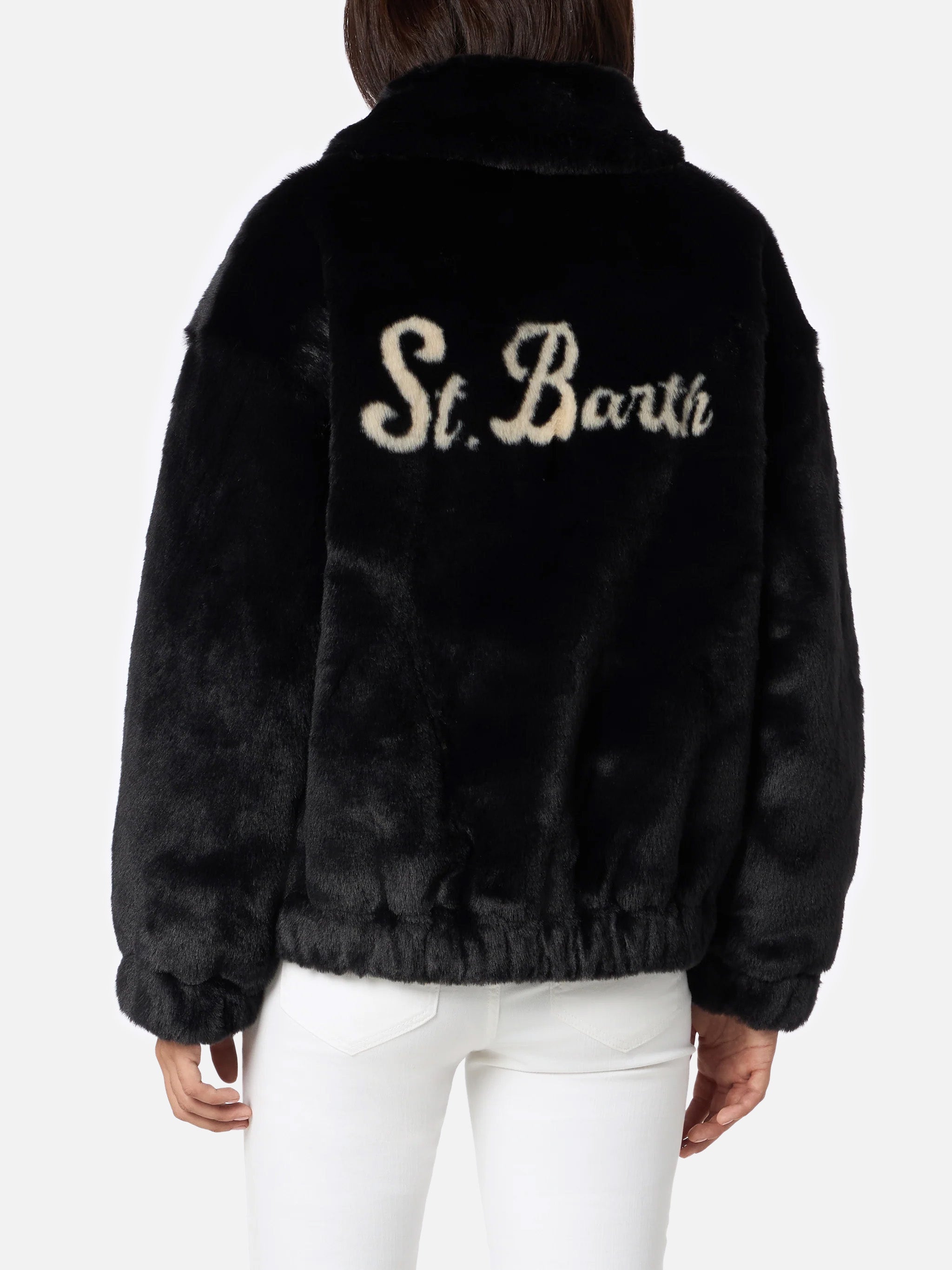 Aveline Faux Fur Bomber With Saint Barth Print Black Coat
