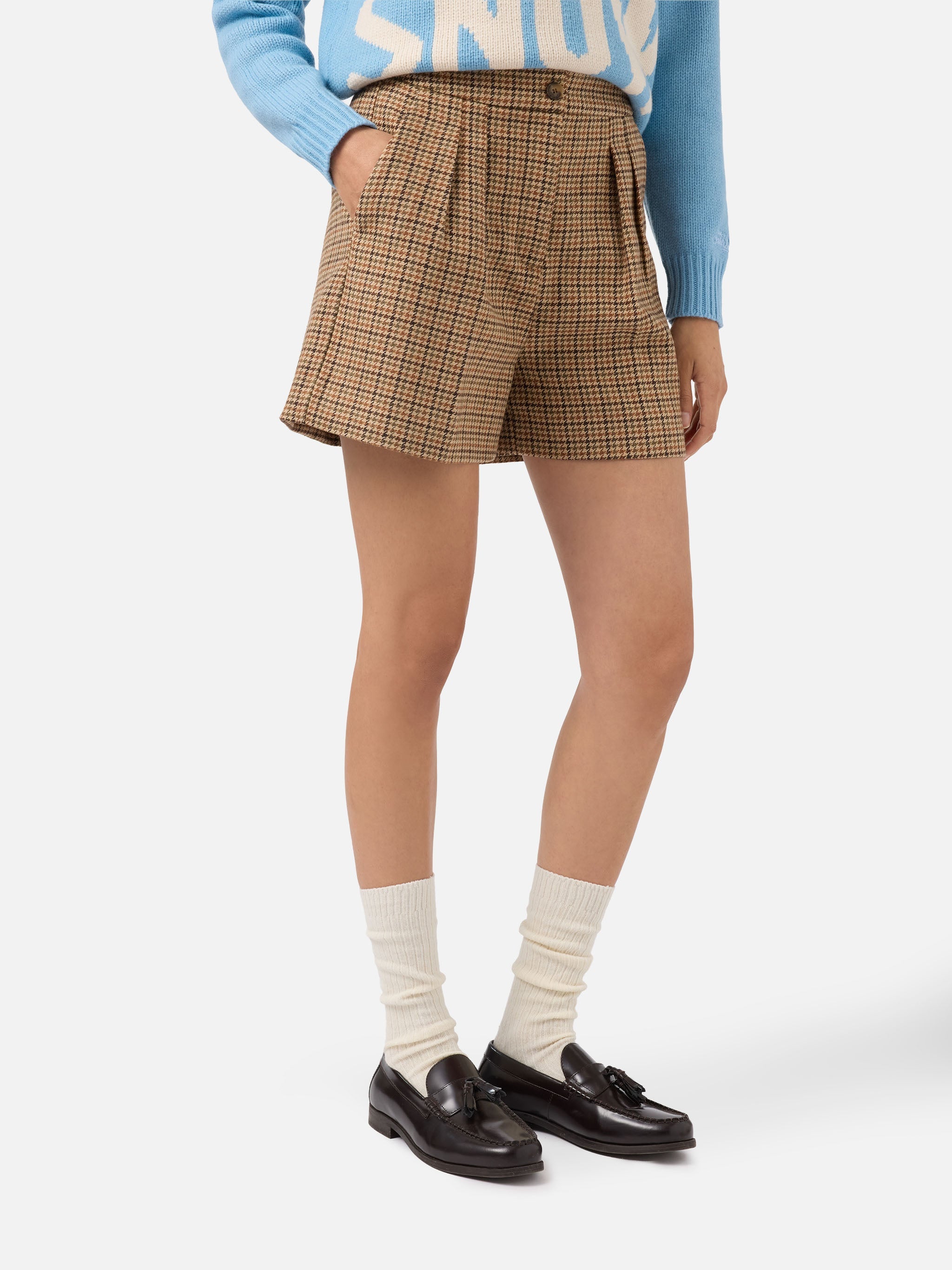 Aya Shorts Houndstooth Fabric With Double Pleats Brown Pant