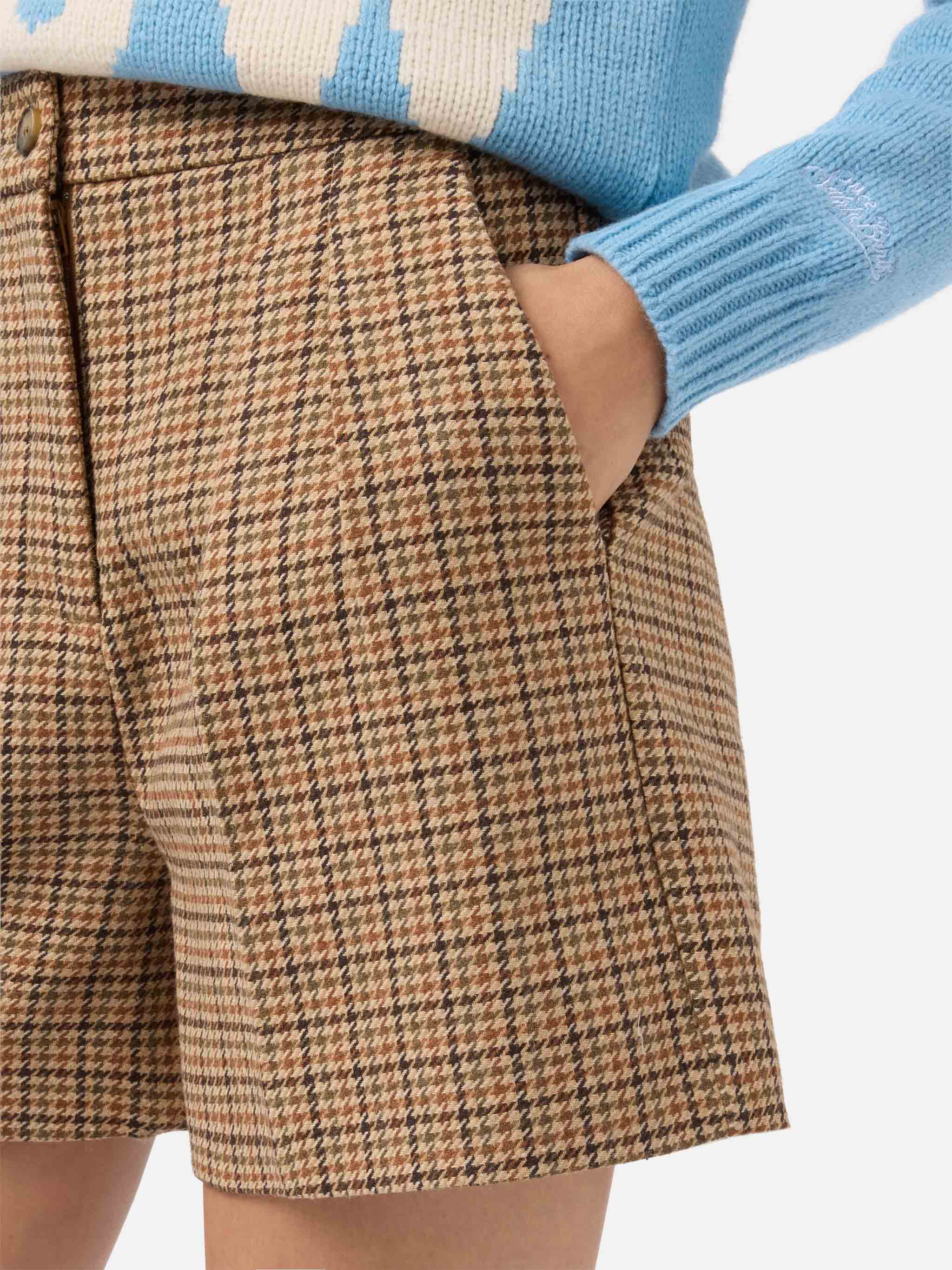Aya Shorts Houndstooth Fabric With Double Pleats Brown Pant