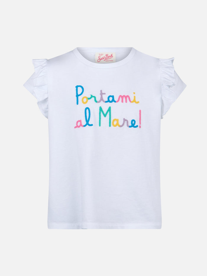 Girl Cotton T-Shirt With Flounce And Embroidery White