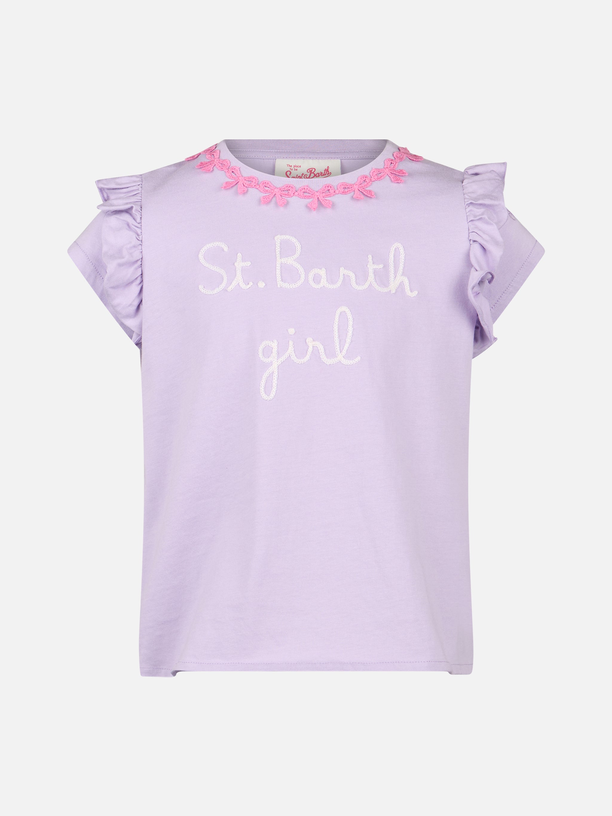 Girl Cotton T-Shirt With Flounce And Embroidery Pink