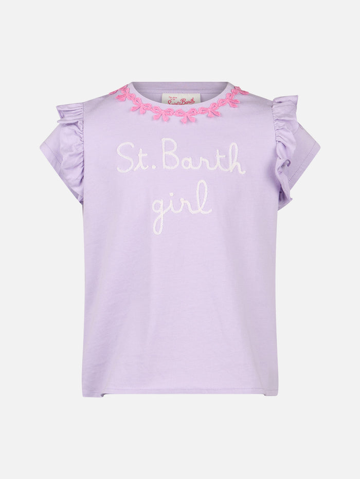 Girl Cotton T-Shirt With Flounce And Embroidery Pink