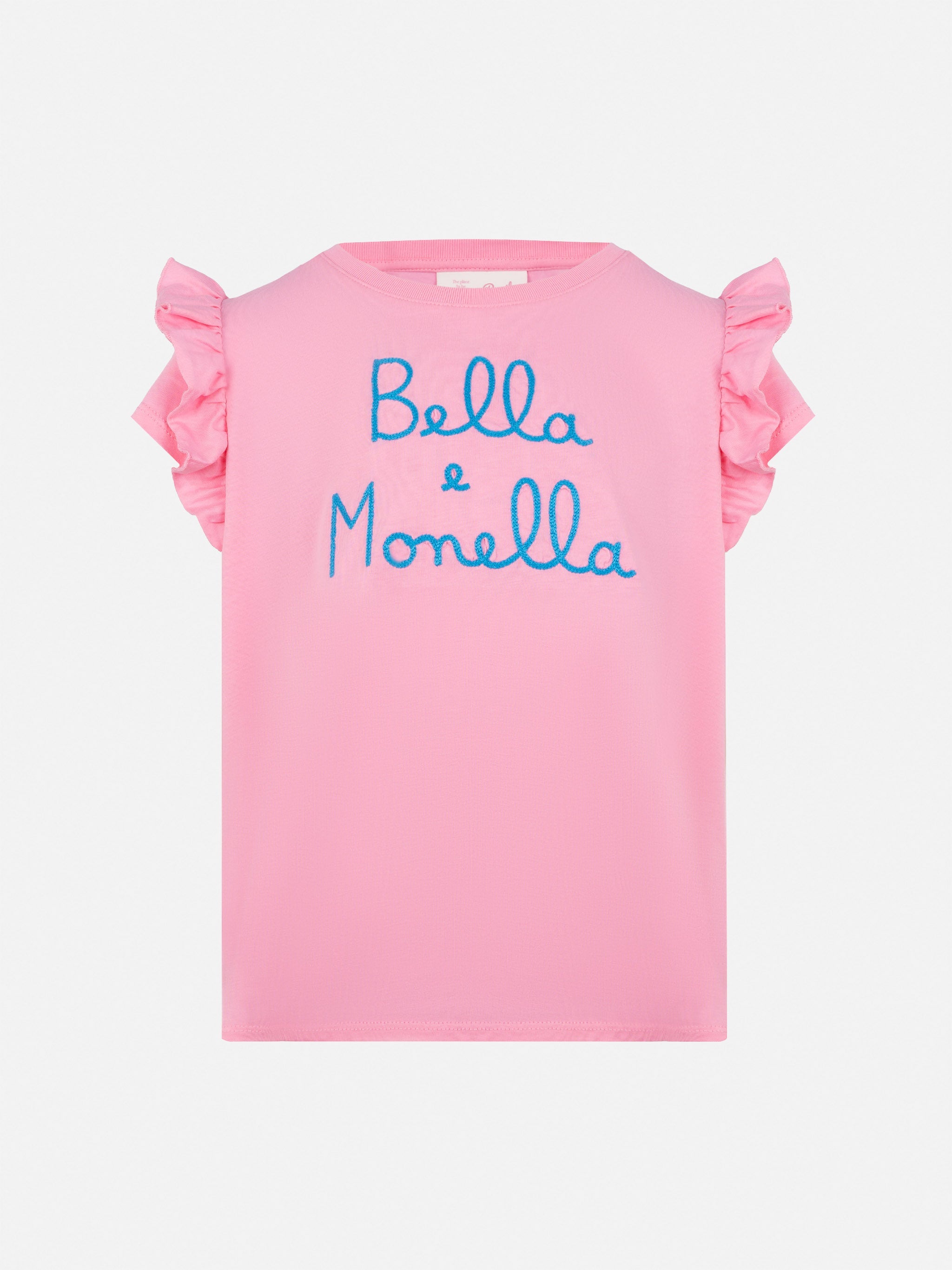 Cotton T-Shirt Baby With Flounce And Bella E Monella Embroidery Pink