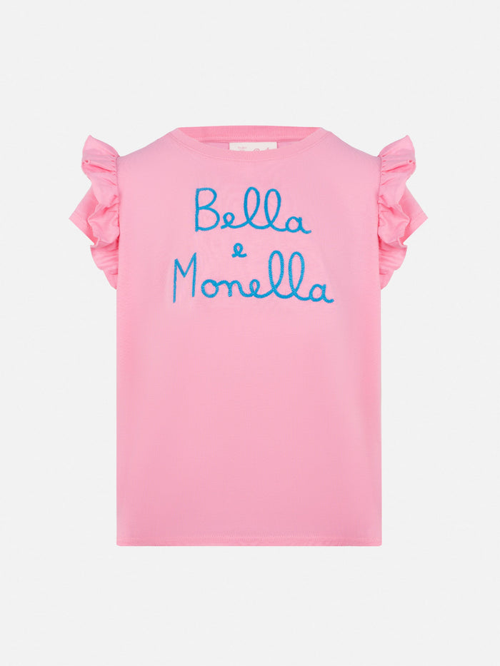 Cotton T-Shirt Baby With Flounce And Bella E Monella Embroidery Pink