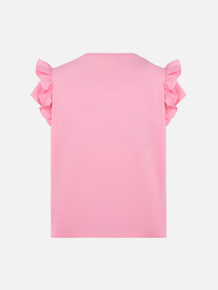 Cotton T-Shirt Baby With Flounce And Bella E Monella Embroidery Pink