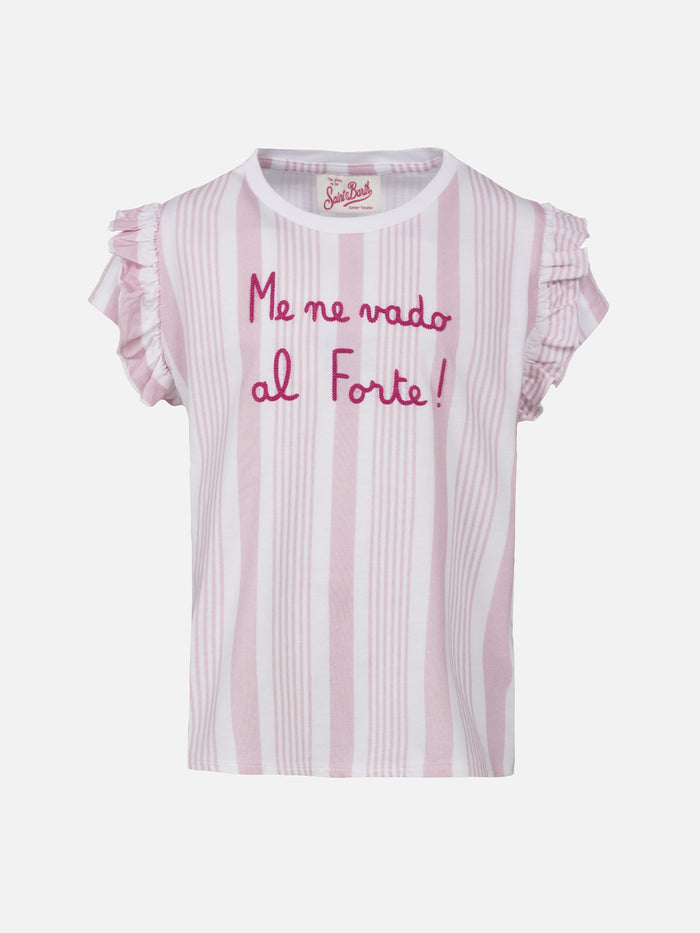 Girl Cotton T-Shirt With Flounce And Embroidery Pink