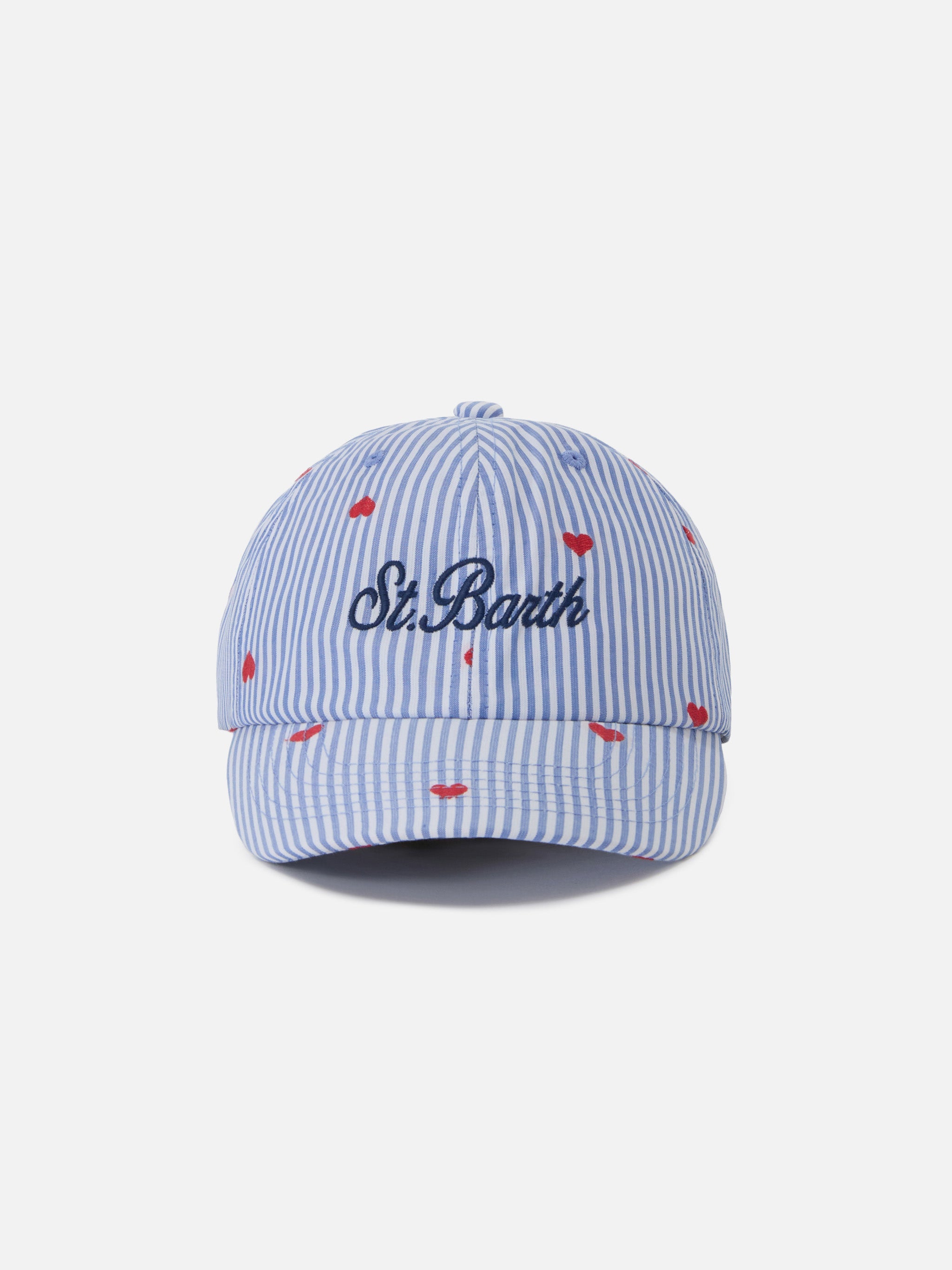 Baseball Cap With Visor Blue And White Striped Cotton Heart Embroidery Hat