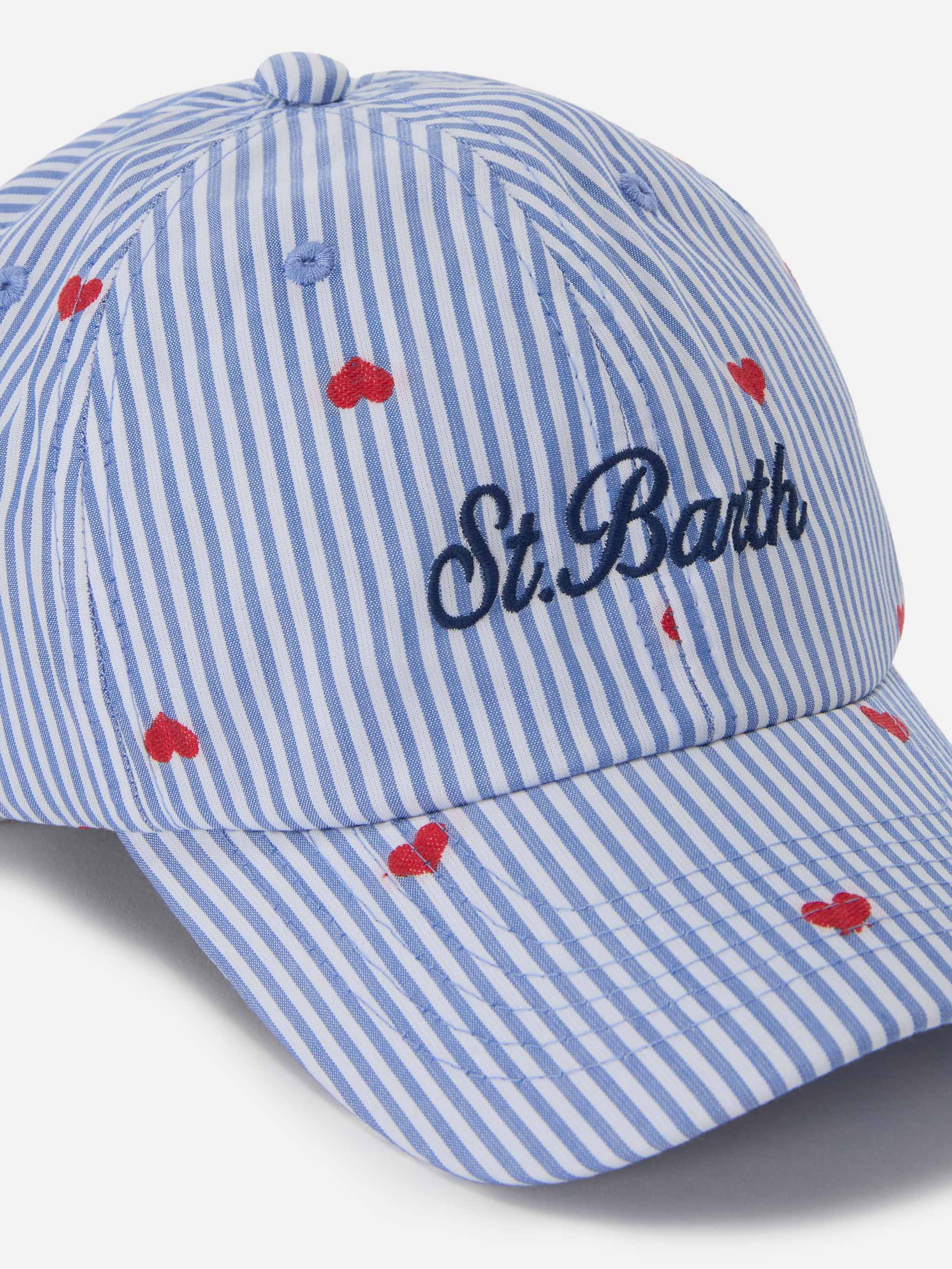 Baseball Cap With Visor Blue And White Striped Cotton Heart Embroidery Hat