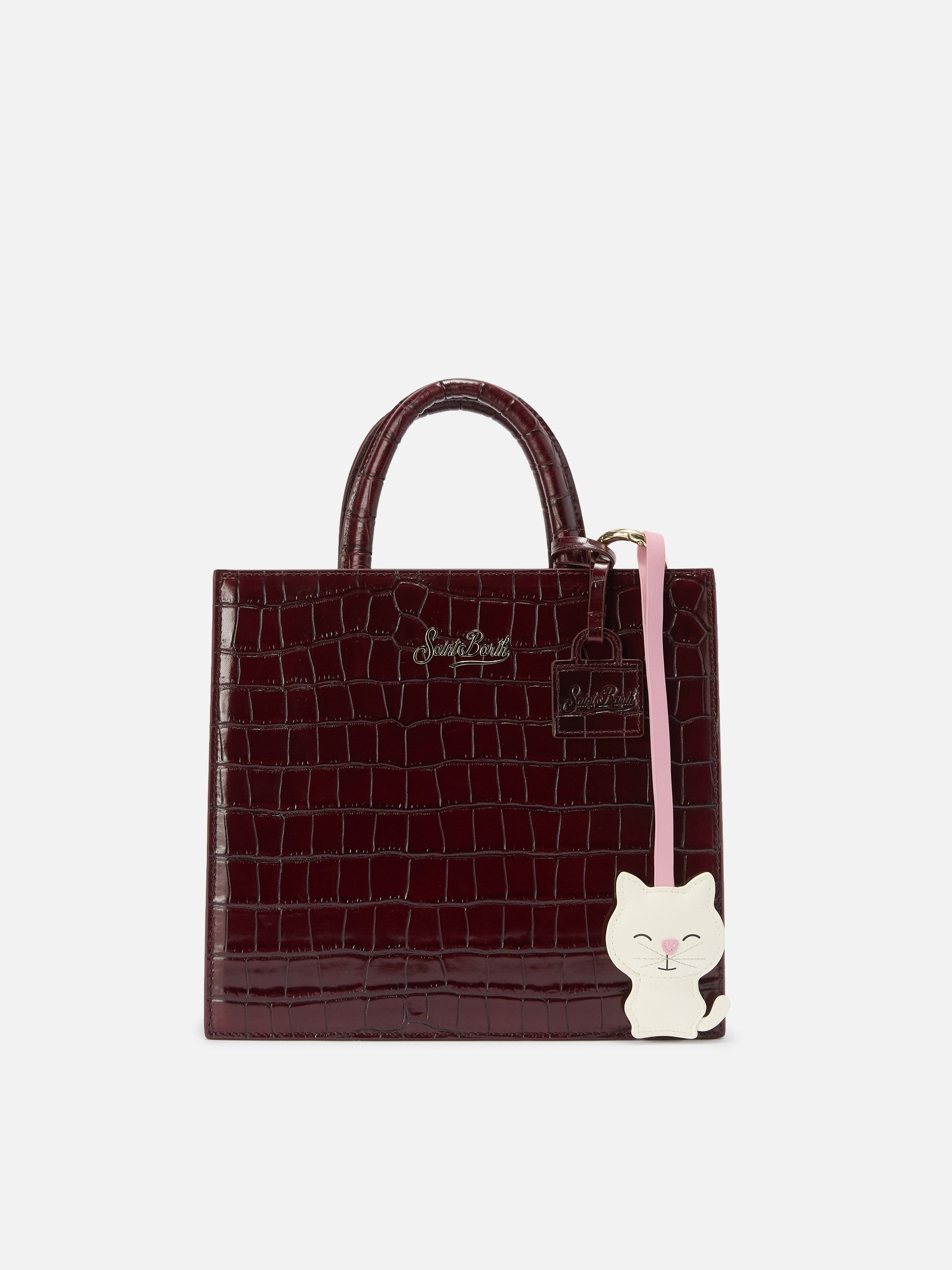 Cat-Shaped Smooth Leather Bag Charm With Logo Tag White Small Accessories