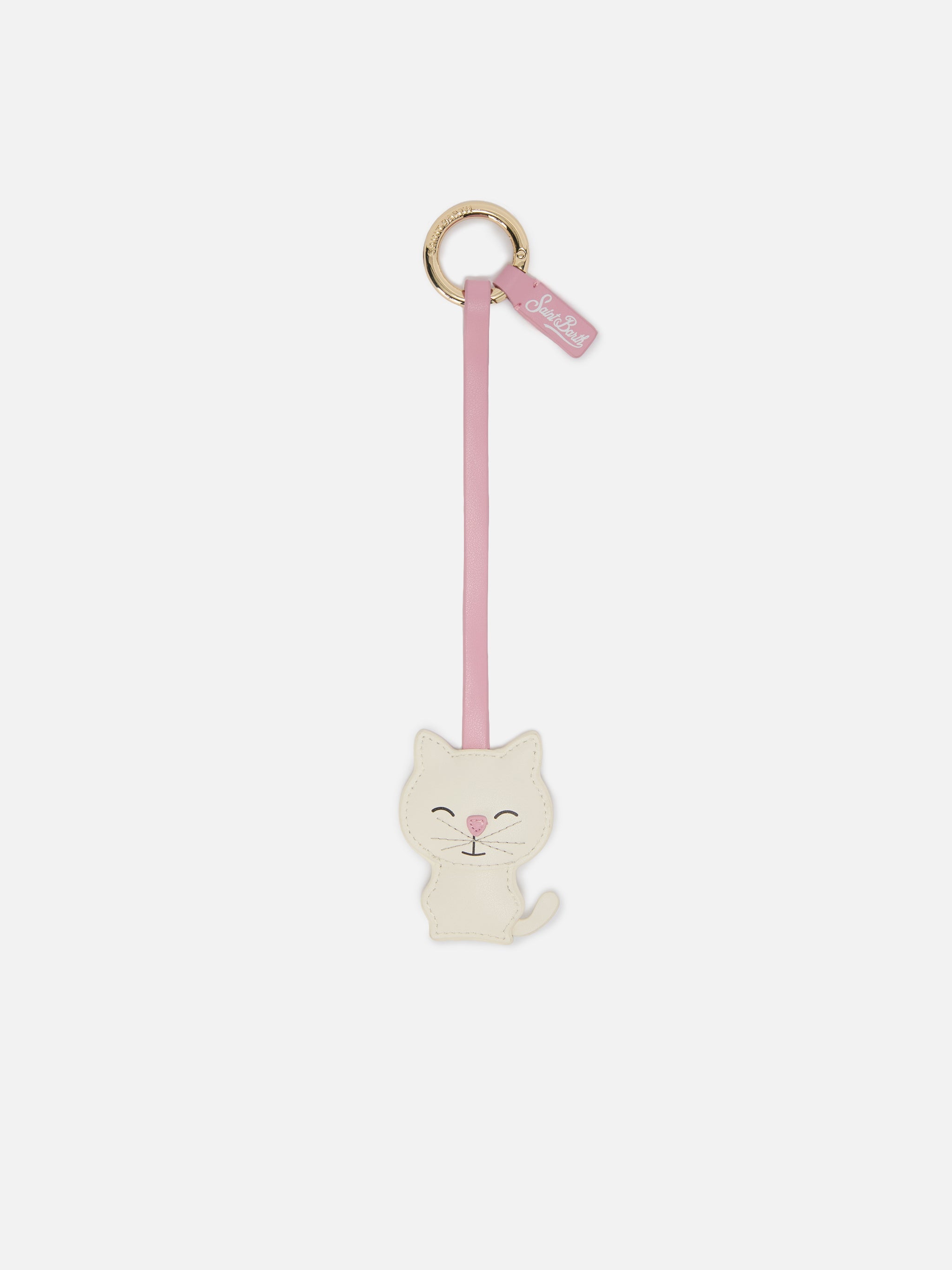 Cat-Shaped Smooth Leather Bag Charm With Logo Tag White Small Accessories