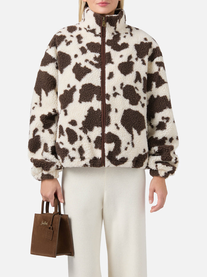Bercy Teddy Jacket With Cow Print And Faux-Suede Details White