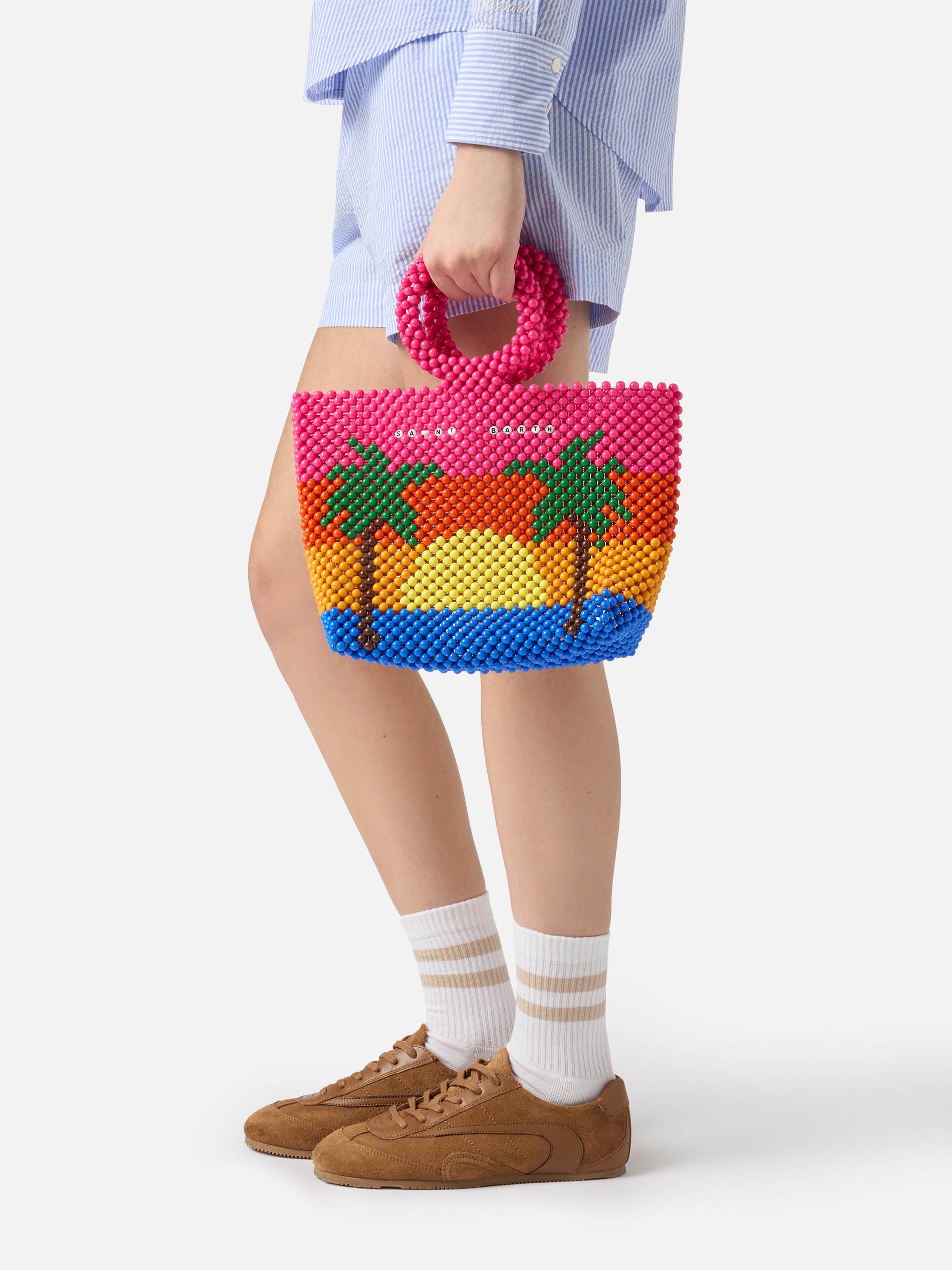 Beaded Handbag With Stripes Pink Bag