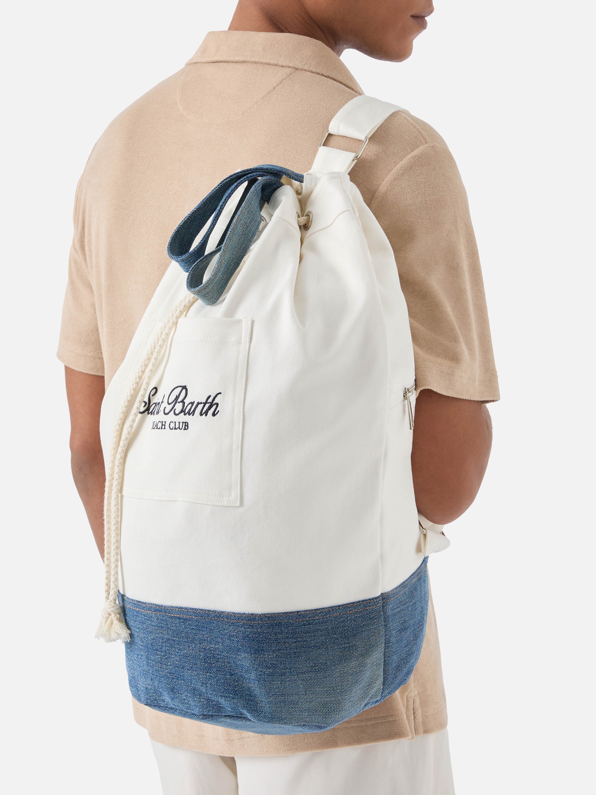 Beach Backpack Fabric White And Light Blue With Embroidered Logo
