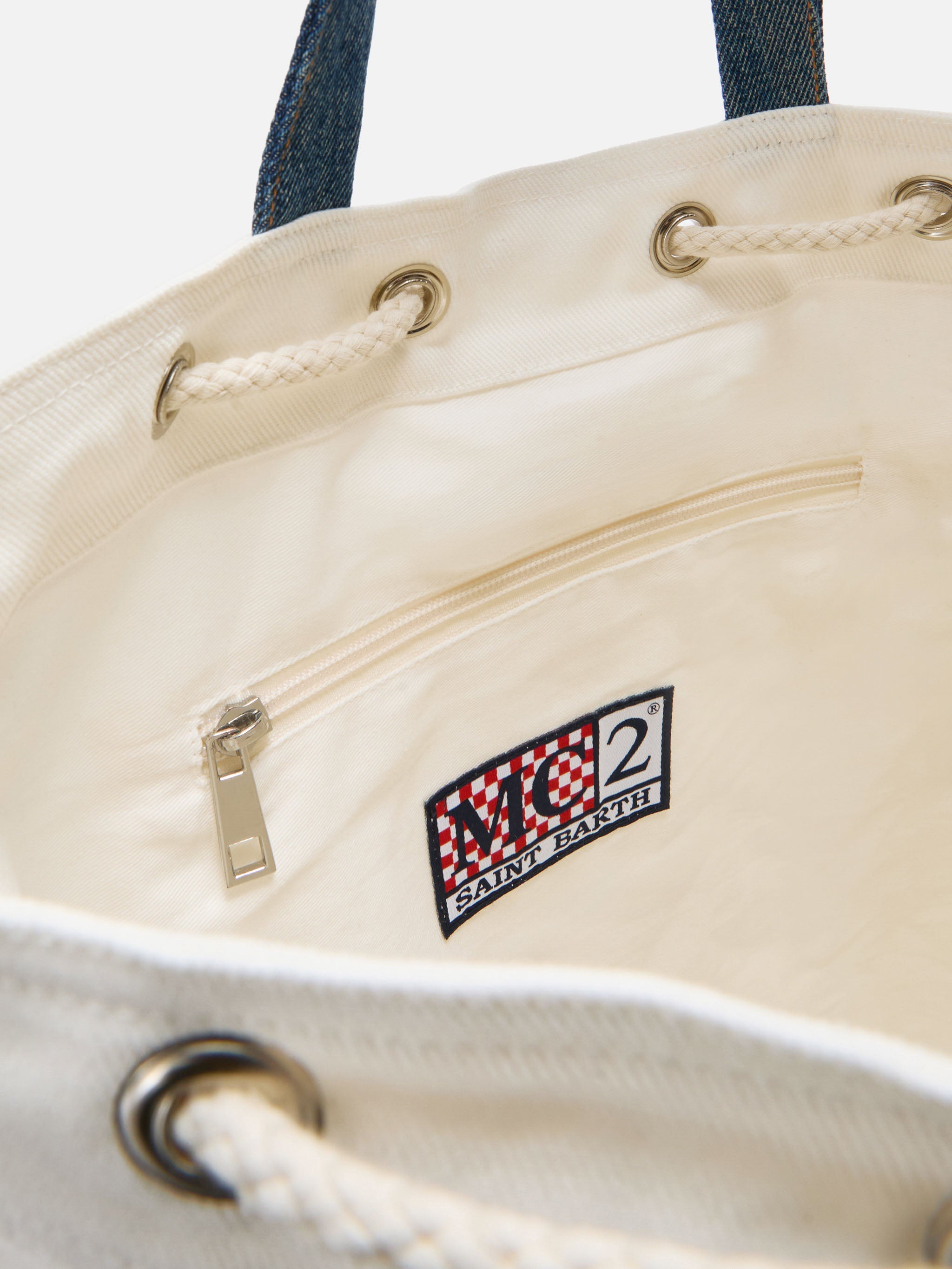 Beach Backpack Fabric White And Light Blue With Embroidered Logo
