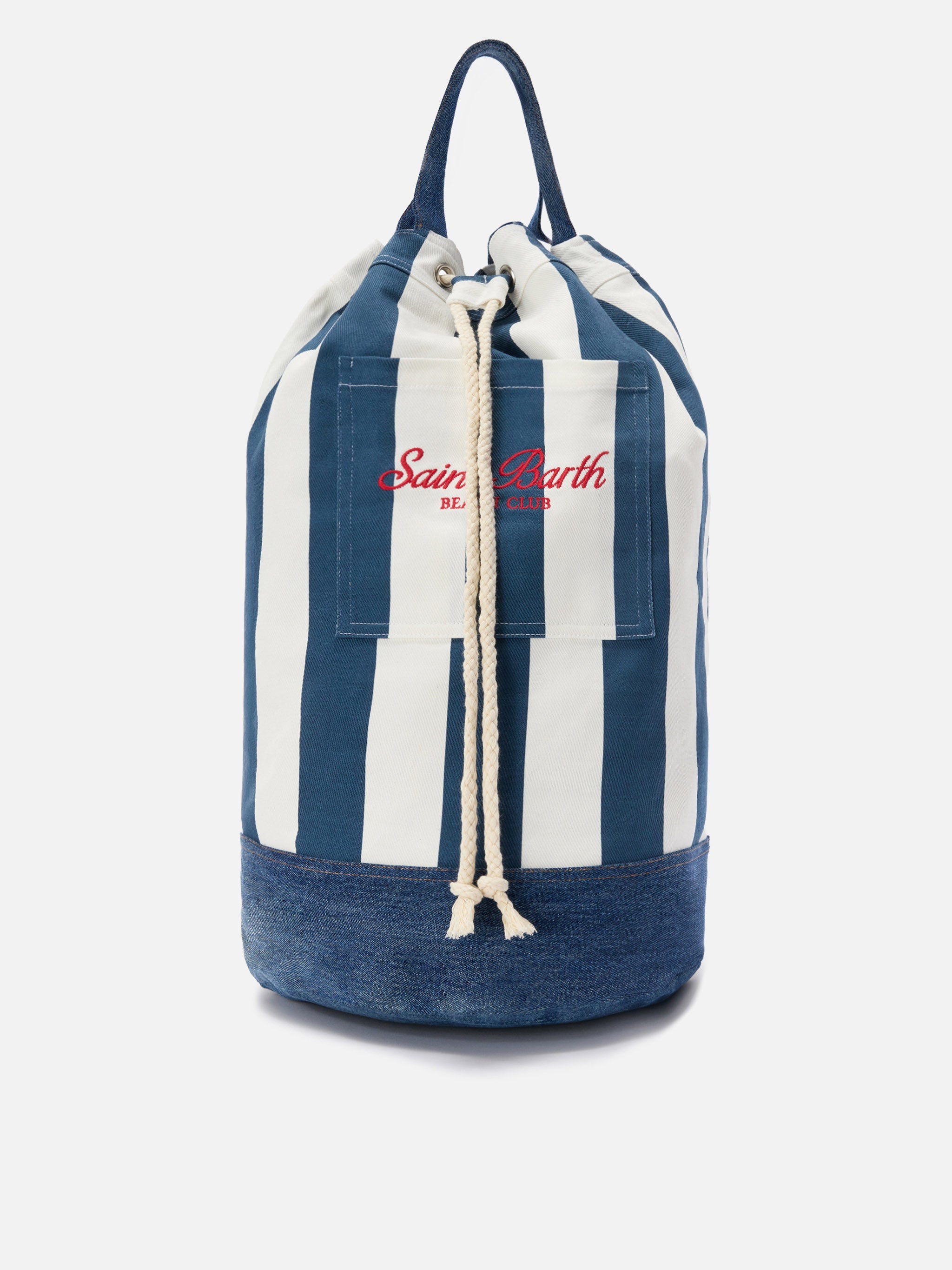 Beach Backpack Striped Fabric With Embroidered Logo Blue