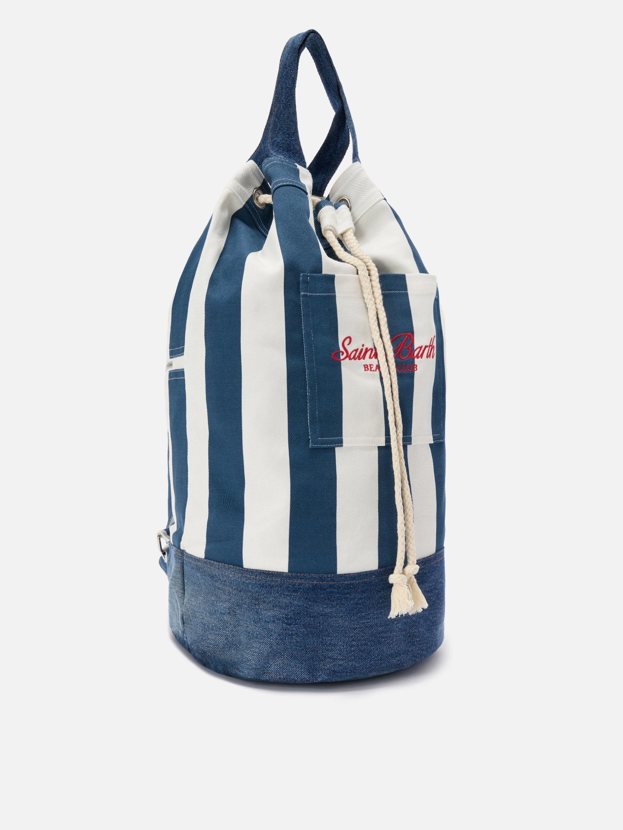Beach Backpack Striped Fabric With Embroidered Logo Blue