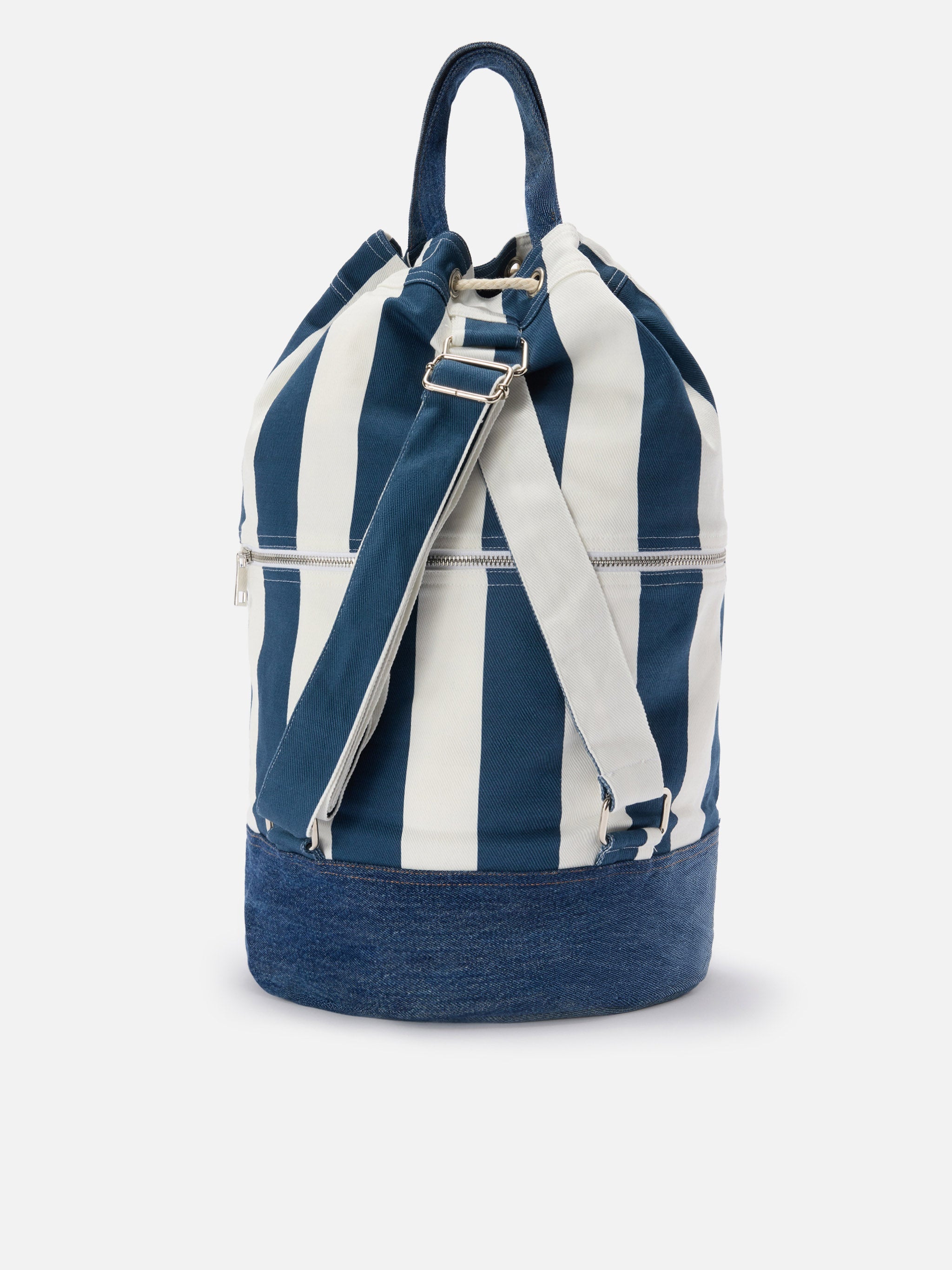 Beach Backpack Striped Fabric With Embroidered Logo Blue