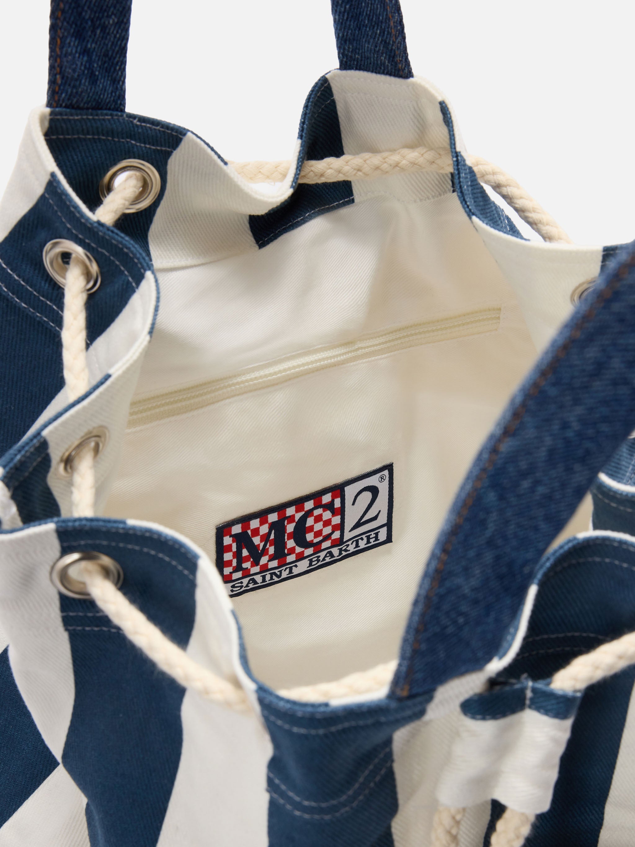 Beach Backpack Striped Fabric With Embroidered Logo Blue
