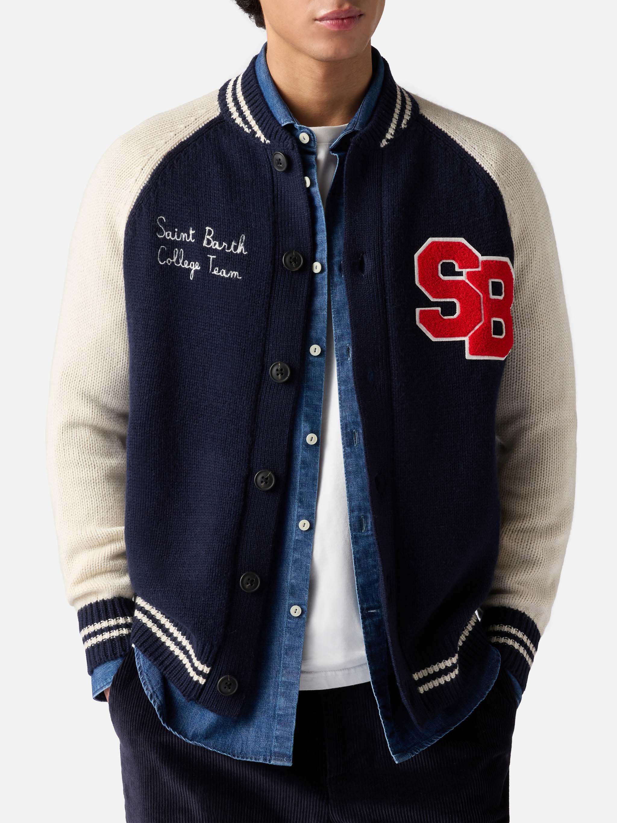 Navy Blue Knit Bomber College Style Benjamin Knitwear