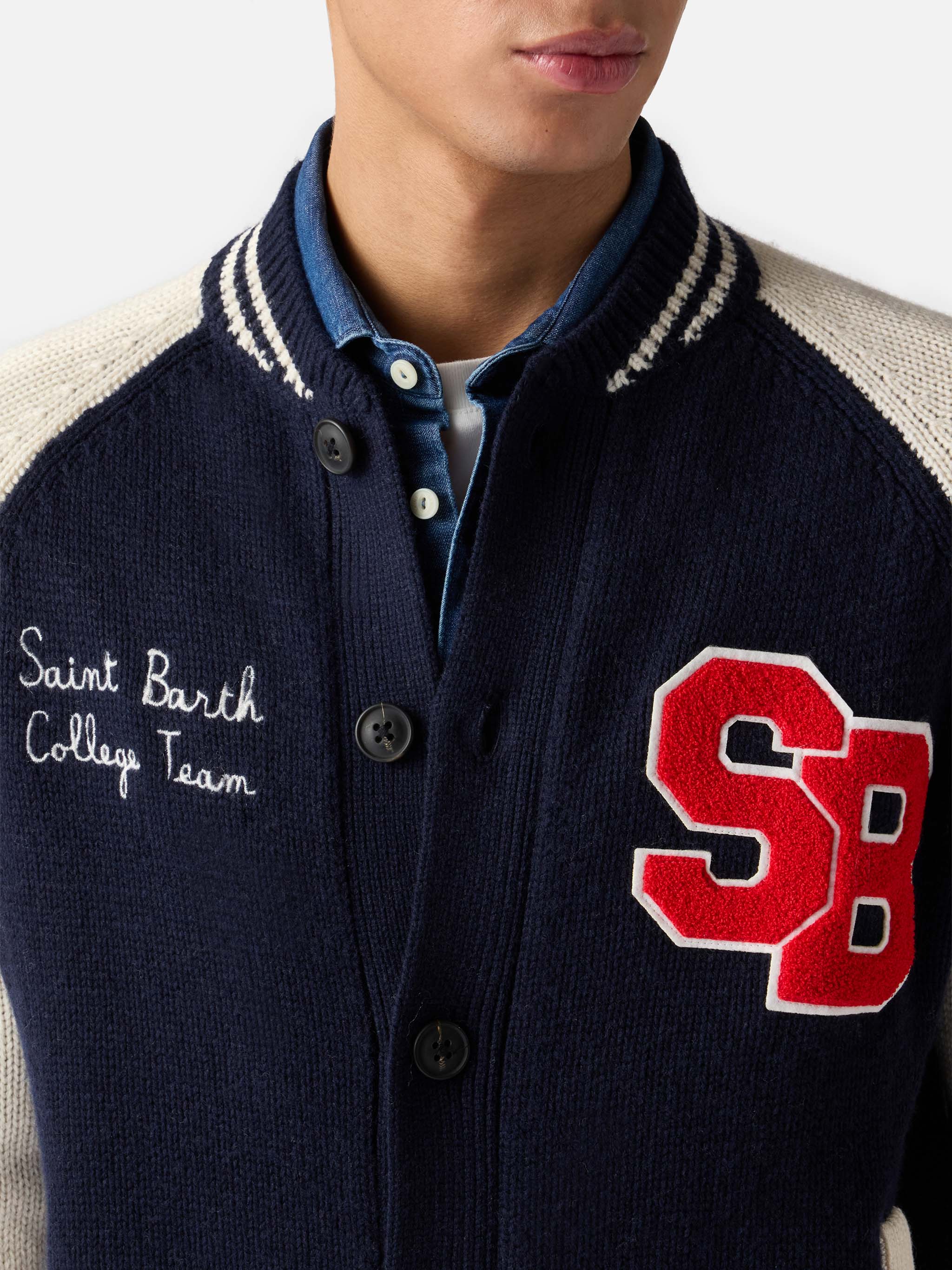 Navy Blue Knit Bomber College Style Benjamin Knitwear