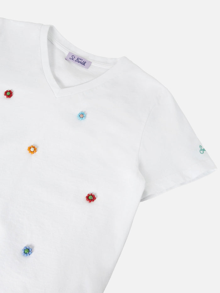 Cotton T-Shirt Bessy Jr With Beads Embellishment White