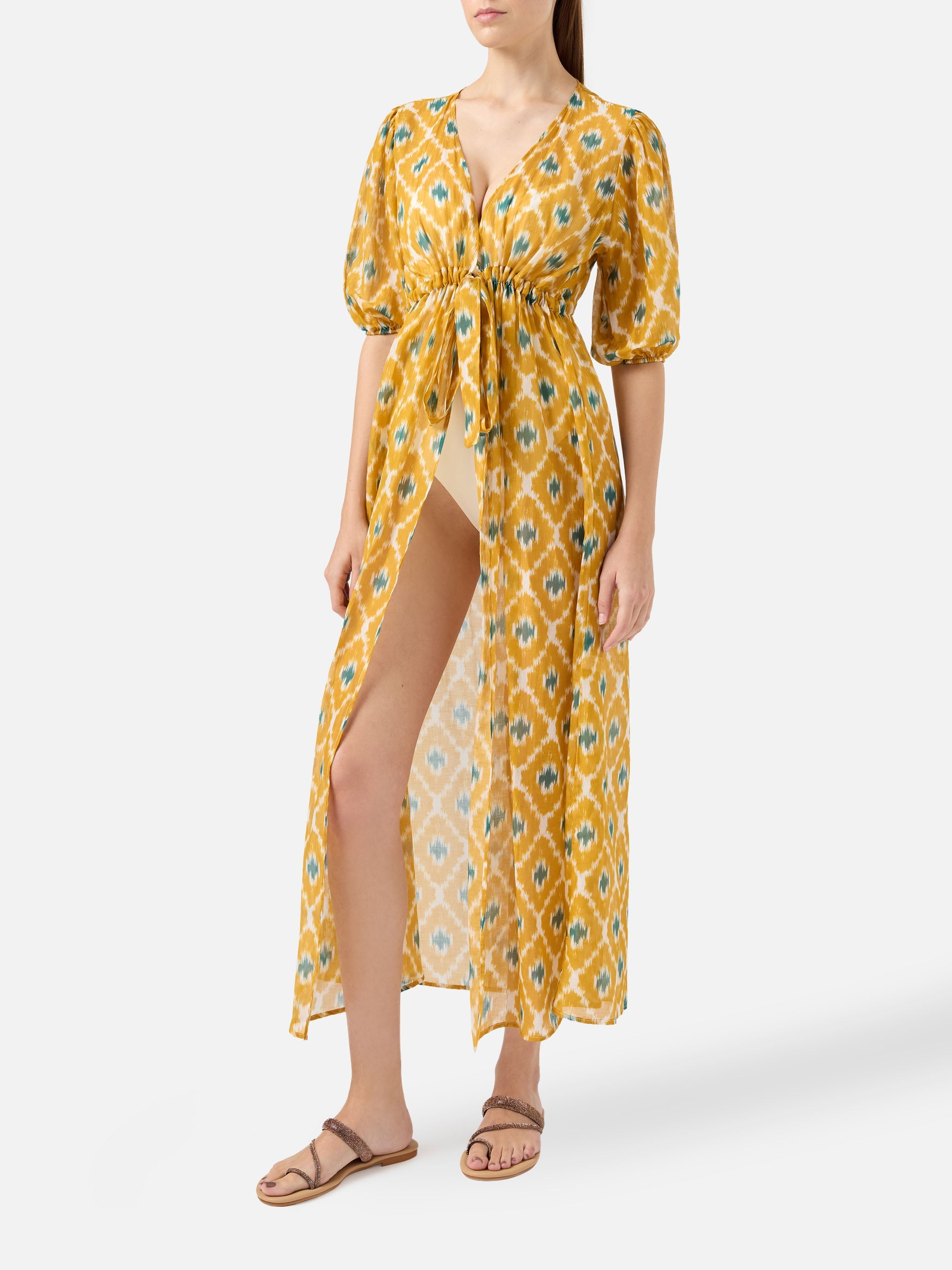 Cotton And Silk Long Dress Bliss With Geometric Print Yellow Beach Robe