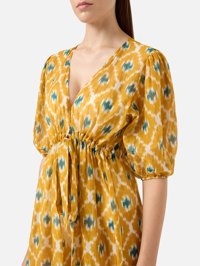 Cotton And Silk Long Dress Bliss With Geometric Print Yellow Beach Robe